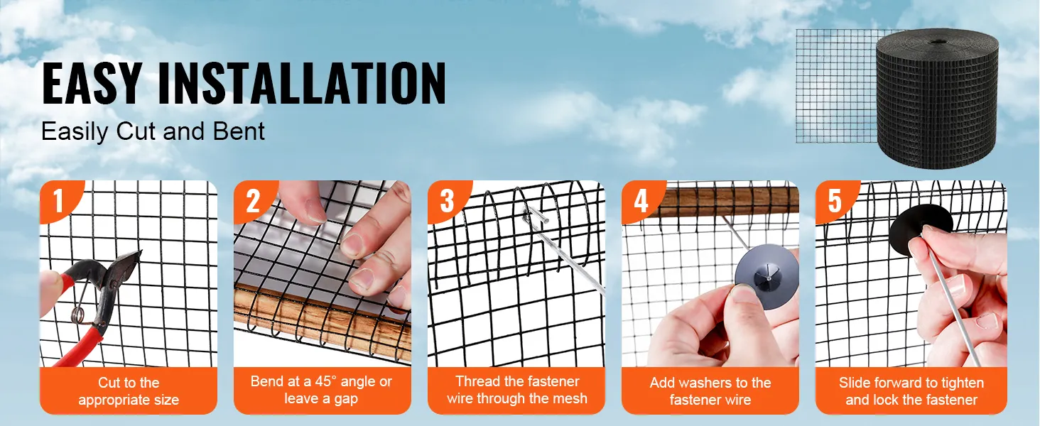 easy installation steps for VEVOR solar panel bird guard: cut, bend, thread wire, add washers, tighten fasteners.