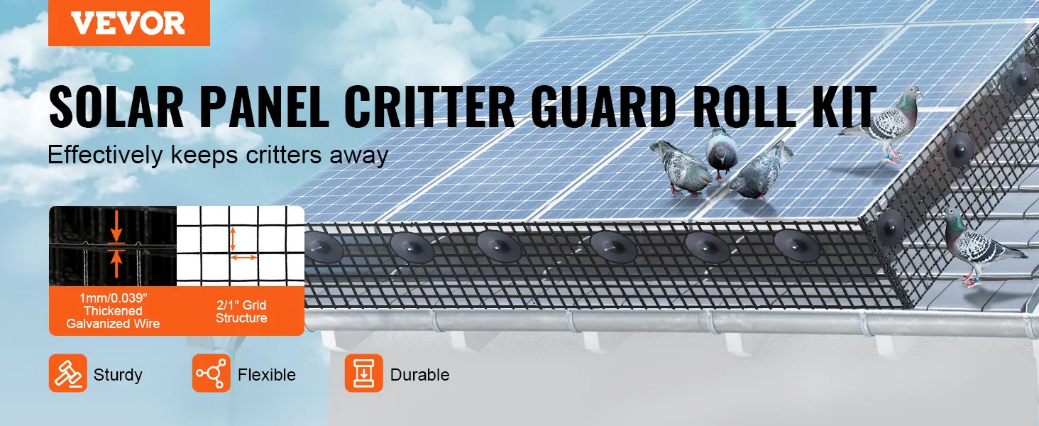 VEVOR solar panel bird guard keeps pigeons away with sturdy, flexible, and durable mesh.