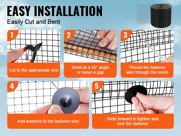 easy installation steps for VEVOR solar panel bird guard: cut, bend, thread, add washer, and lock fastener.