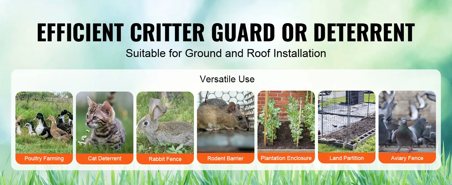 efficient critter and bird guard solutions for poultry farming, cat deterrent, rabbit fence, and aviary fence.