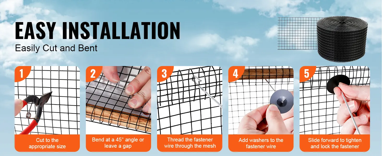 easy installation steps for VEVOR solar panel bird guard: cut mesh, bend, thread wire, add washers, and lock fastener.