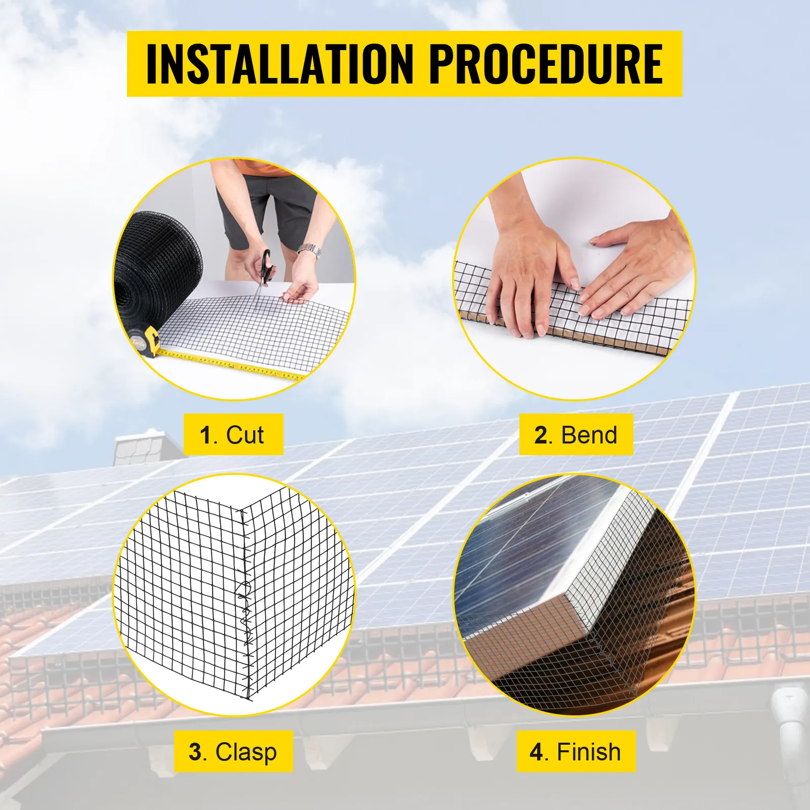 Pasos de instalación del cable para pájaros del panel solar VEVOR: cortar, doblar, sujetar y terminar.
