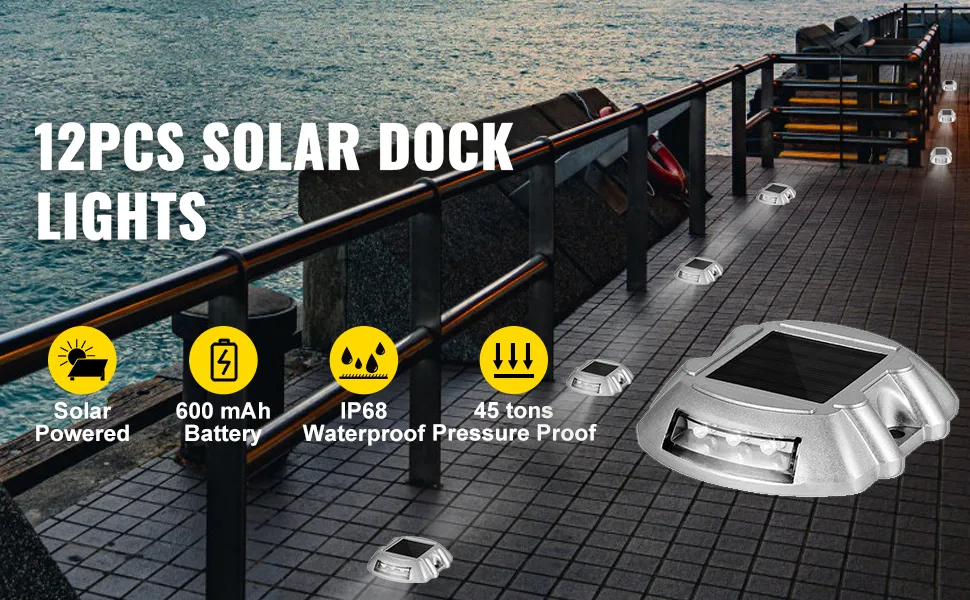 VEVOR solar driveway lights illuminating a coastal pathway with ocean in the background.