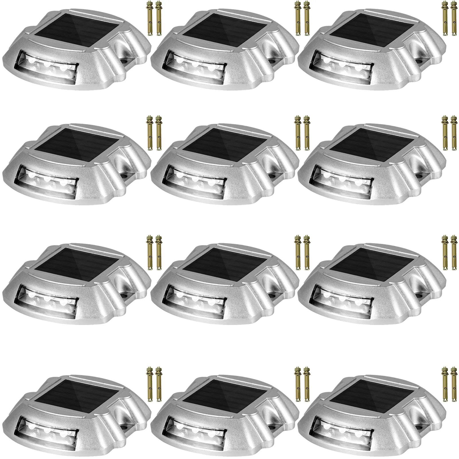 VEVOR solar driveway lights in silver, set of twelve with mounting screws.