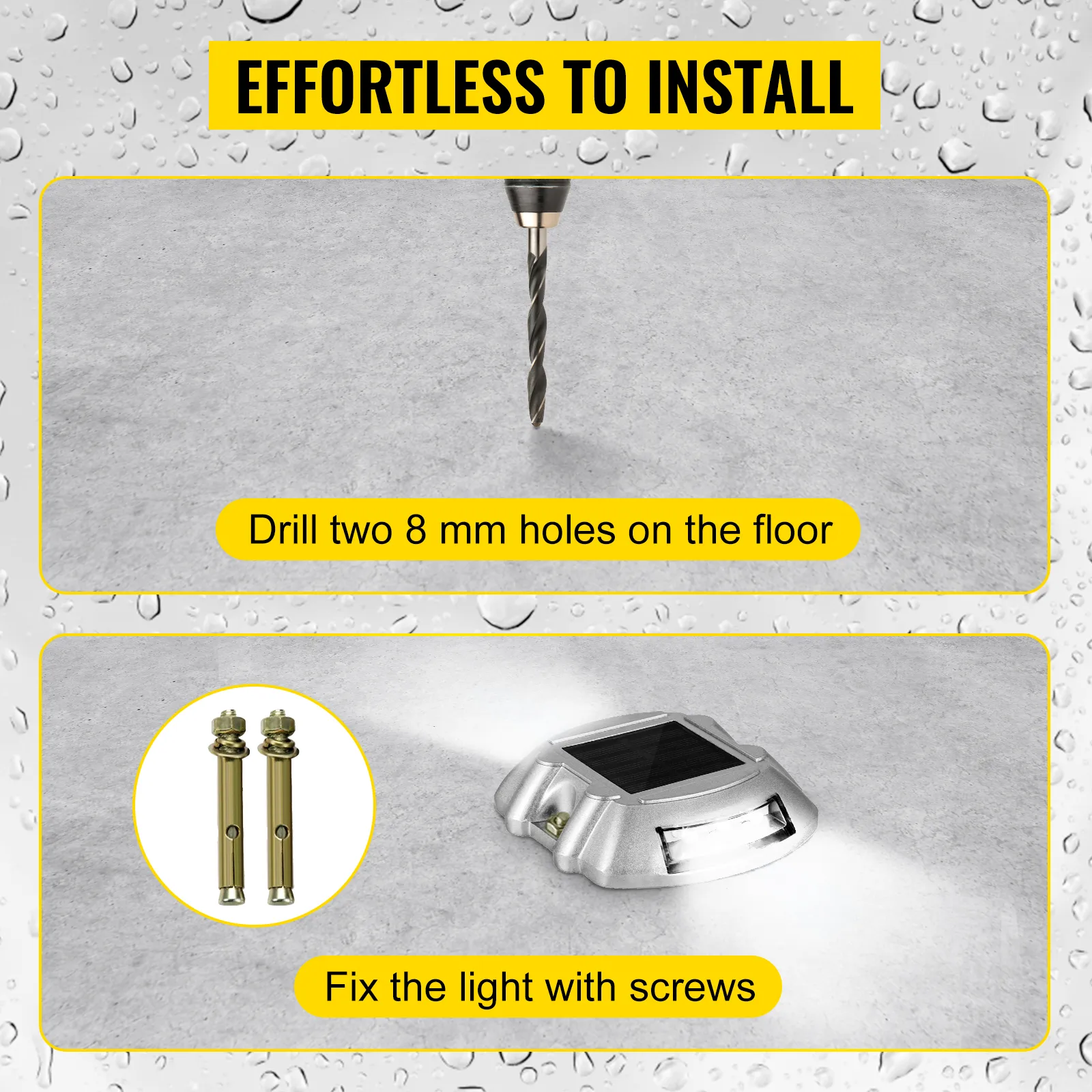 install guide for VEVOR solar driveway lights: drill holes, fix light with screws.