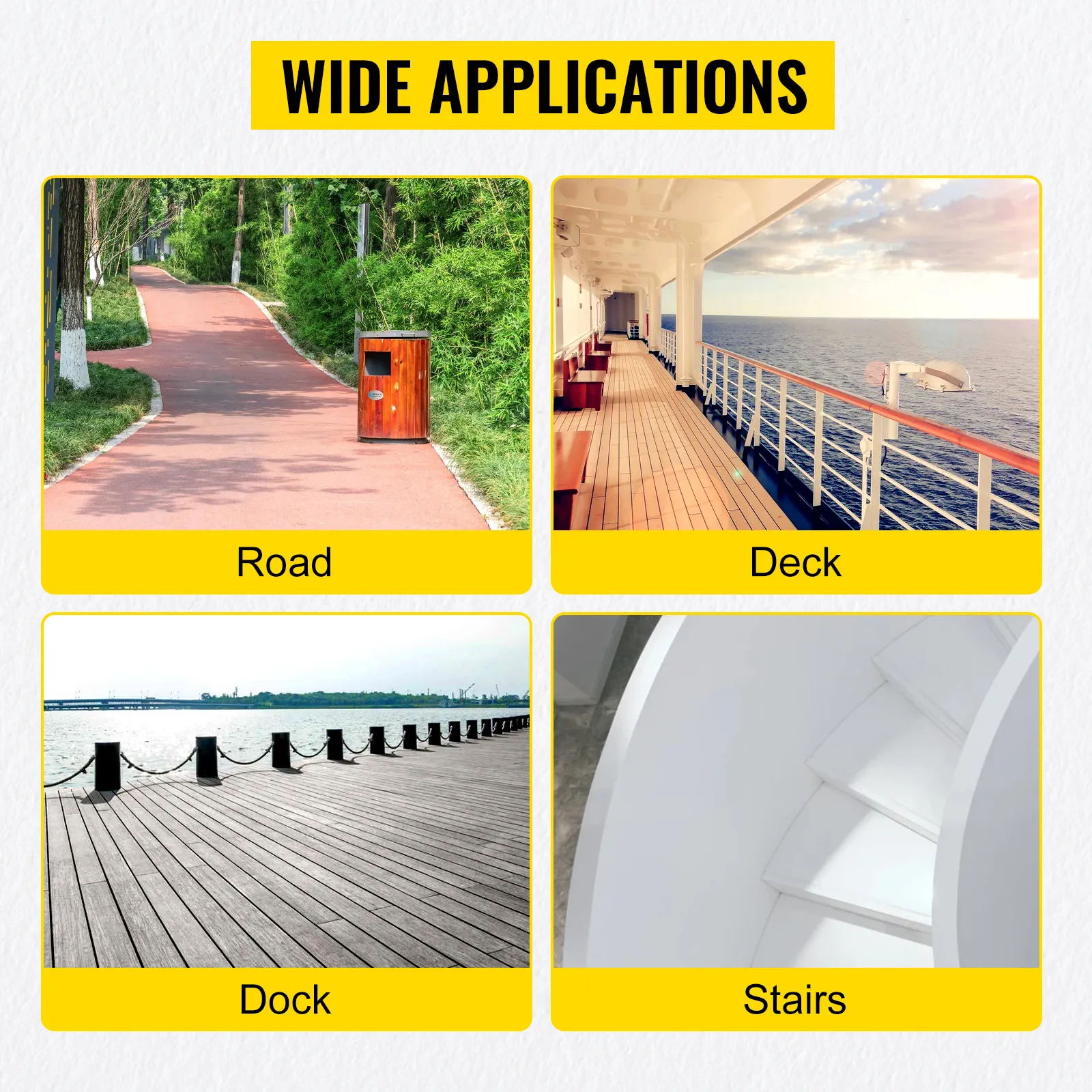 wide applications of VEVOR solar driveway lights for road, deck, dock, and stairs.