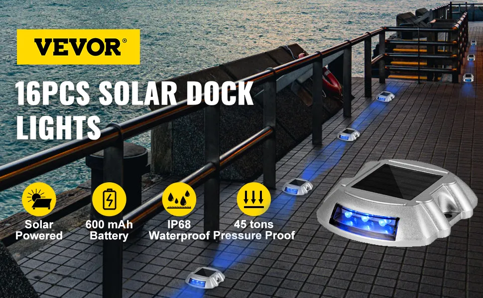 Luces de entrada solares VEVOR a lo largo de un paseo junto al mar con iluminación LED azul.
