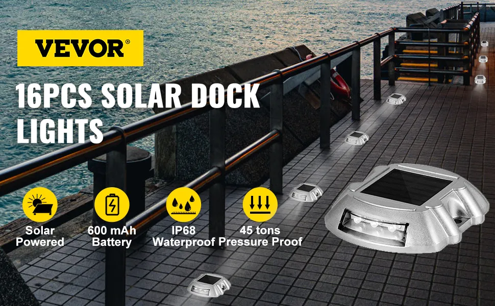 VEVOR solar driveway lights along a waterfront path with product features displayed.