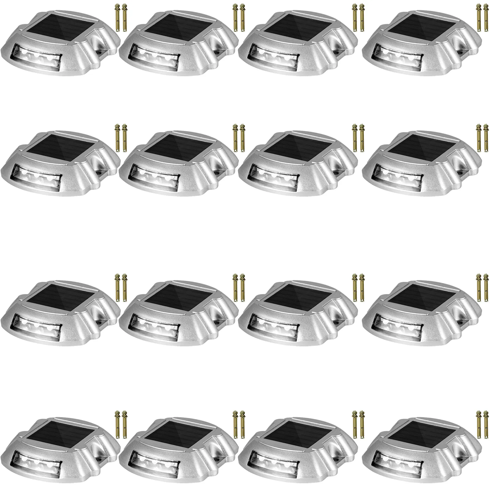 VEVOR solar driveway lights, 16 pack with screws, arranged in rows.