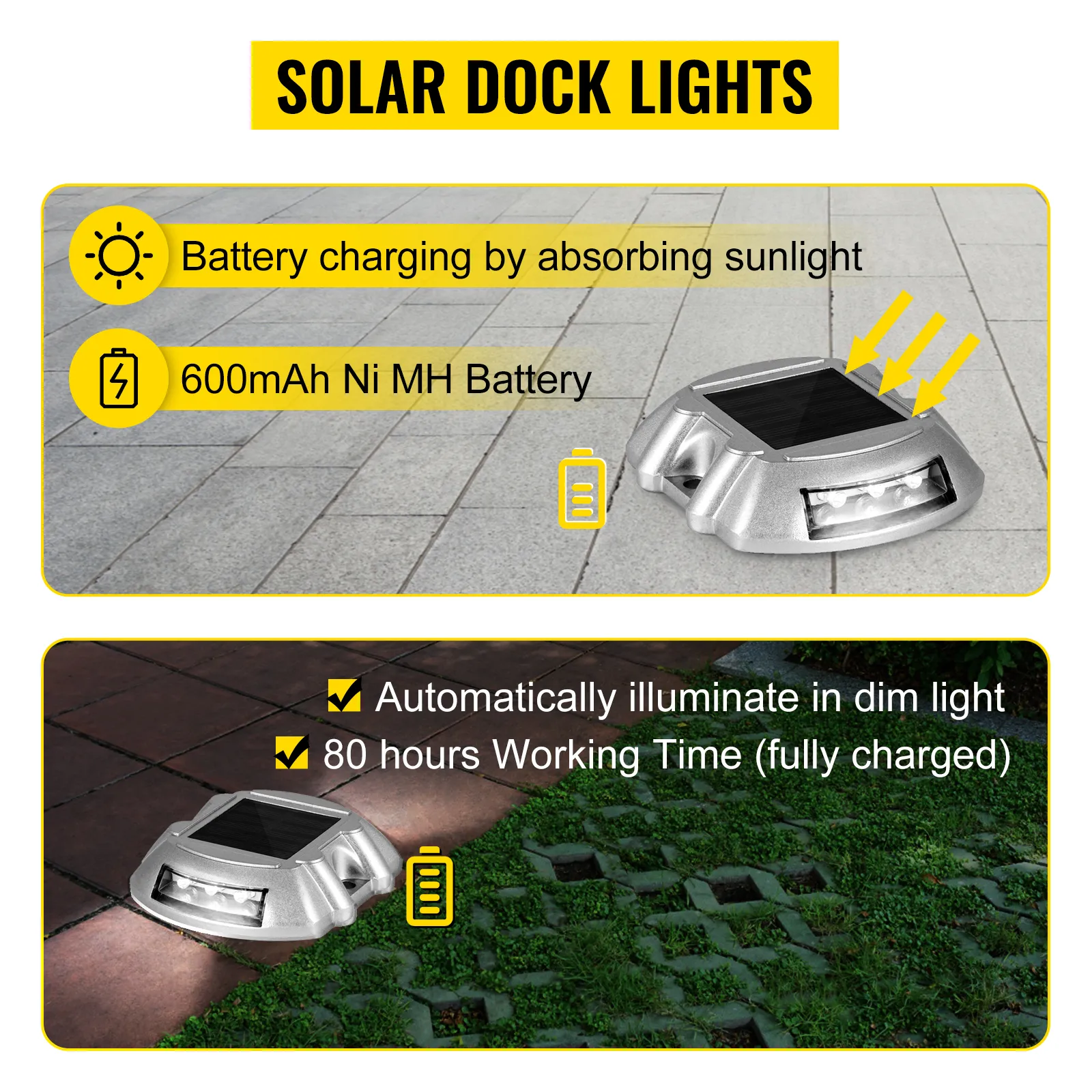 VEVOR solar driveway lights charging and illuminating, featuring 600mah nimh battery.
