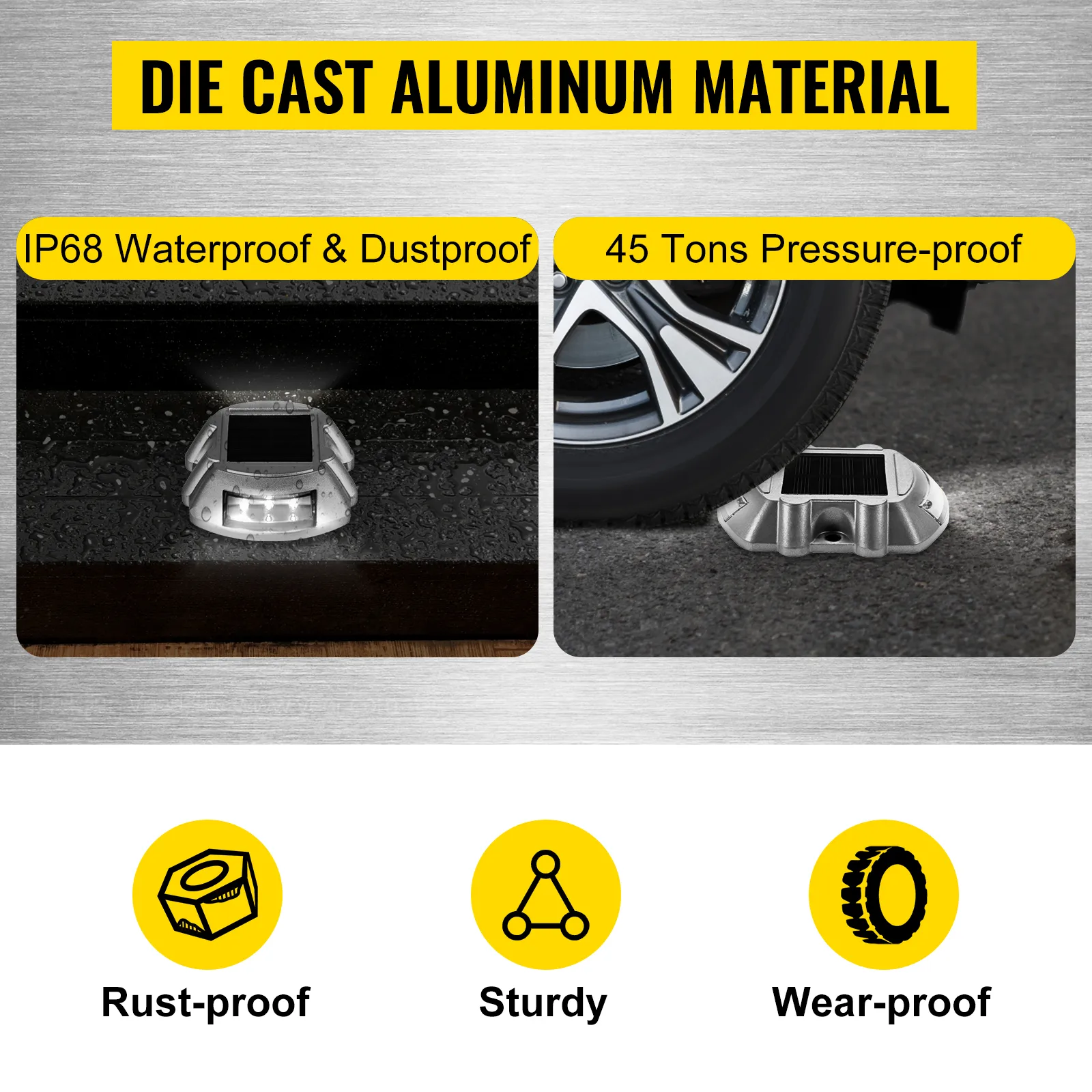 VEVOR solar driveway lights: die cast aluminum, ip68 waterproof, 45 tons pressure-proof.