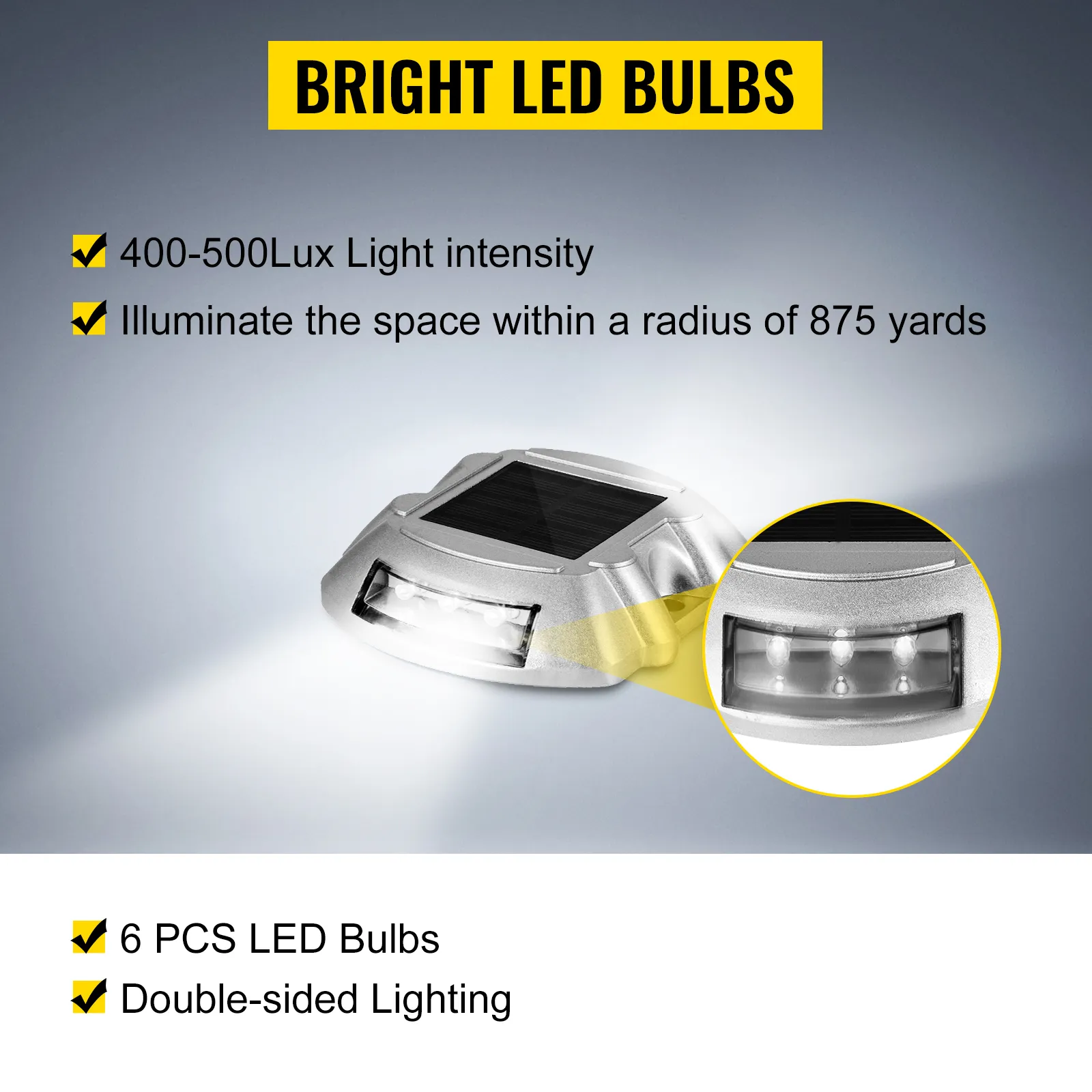 VEVOR solar driveway lights with 6 pcs led bulbs, 400-500lux, and double-sided lighting.