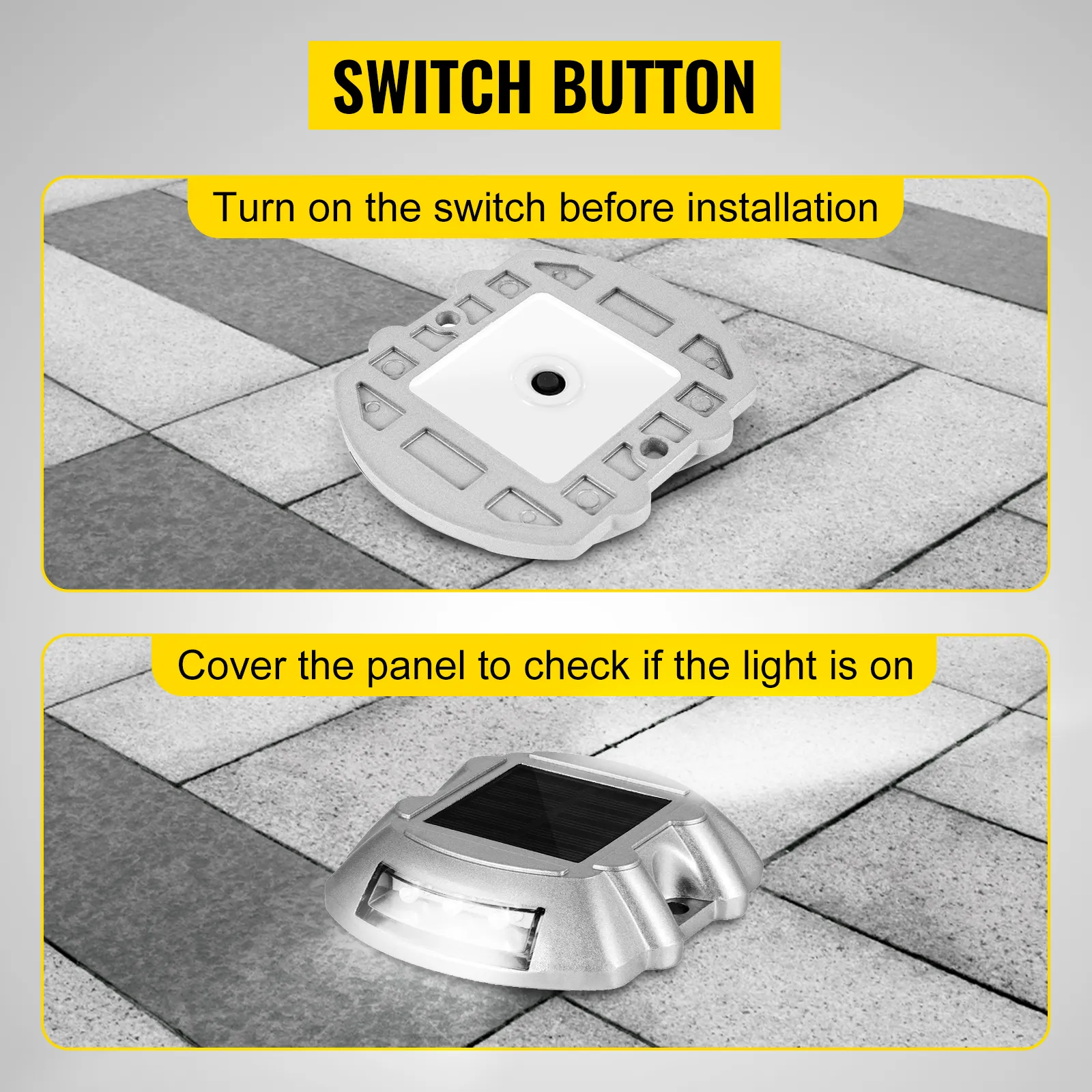 VEVOR solar driveway lights showing switch button and panel for light activation.