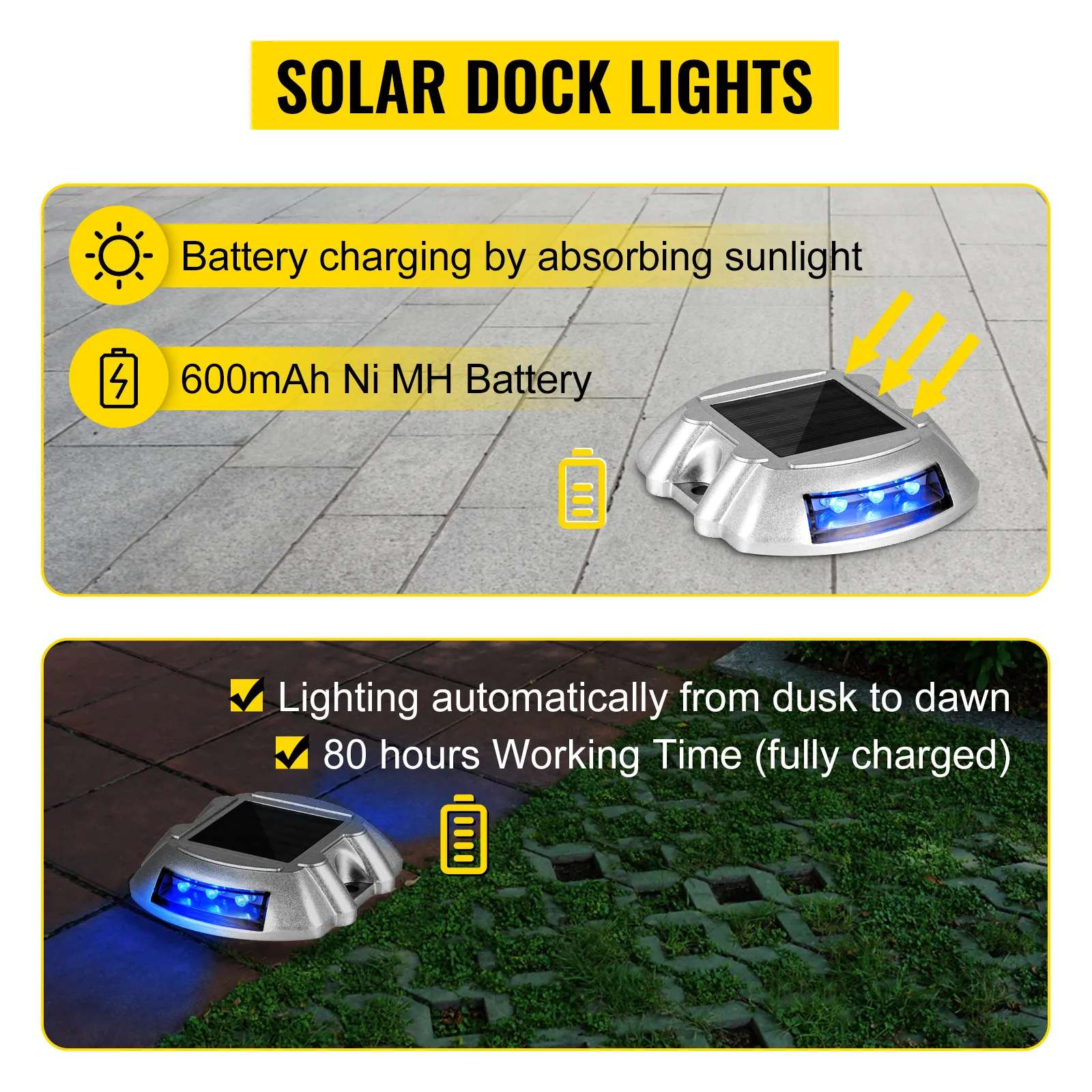 VEVOR solar driveway lights with 600mah ni mh battery and 80 hours working time.