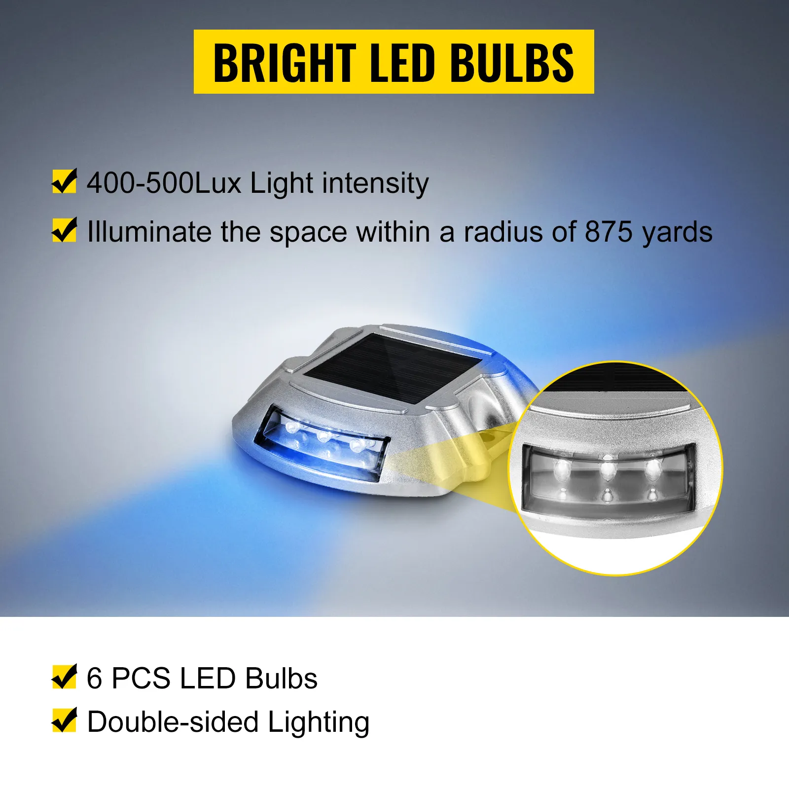 VEVOR solar driveway lights with bright led bulbs, 400-500lux, double-sided lighting.