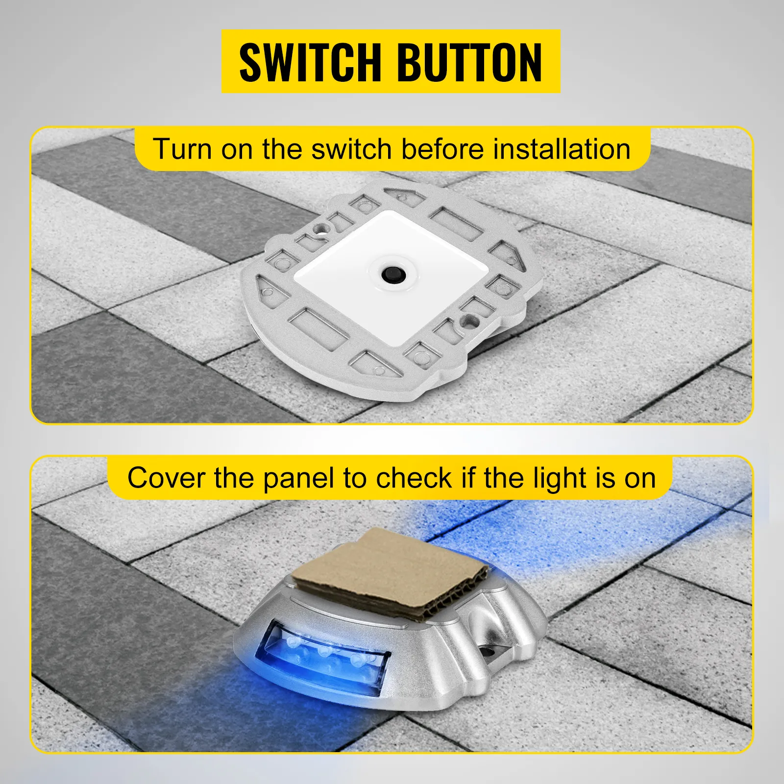 switch button for VEVOR solar driveway lights; testing light by covering the panel.