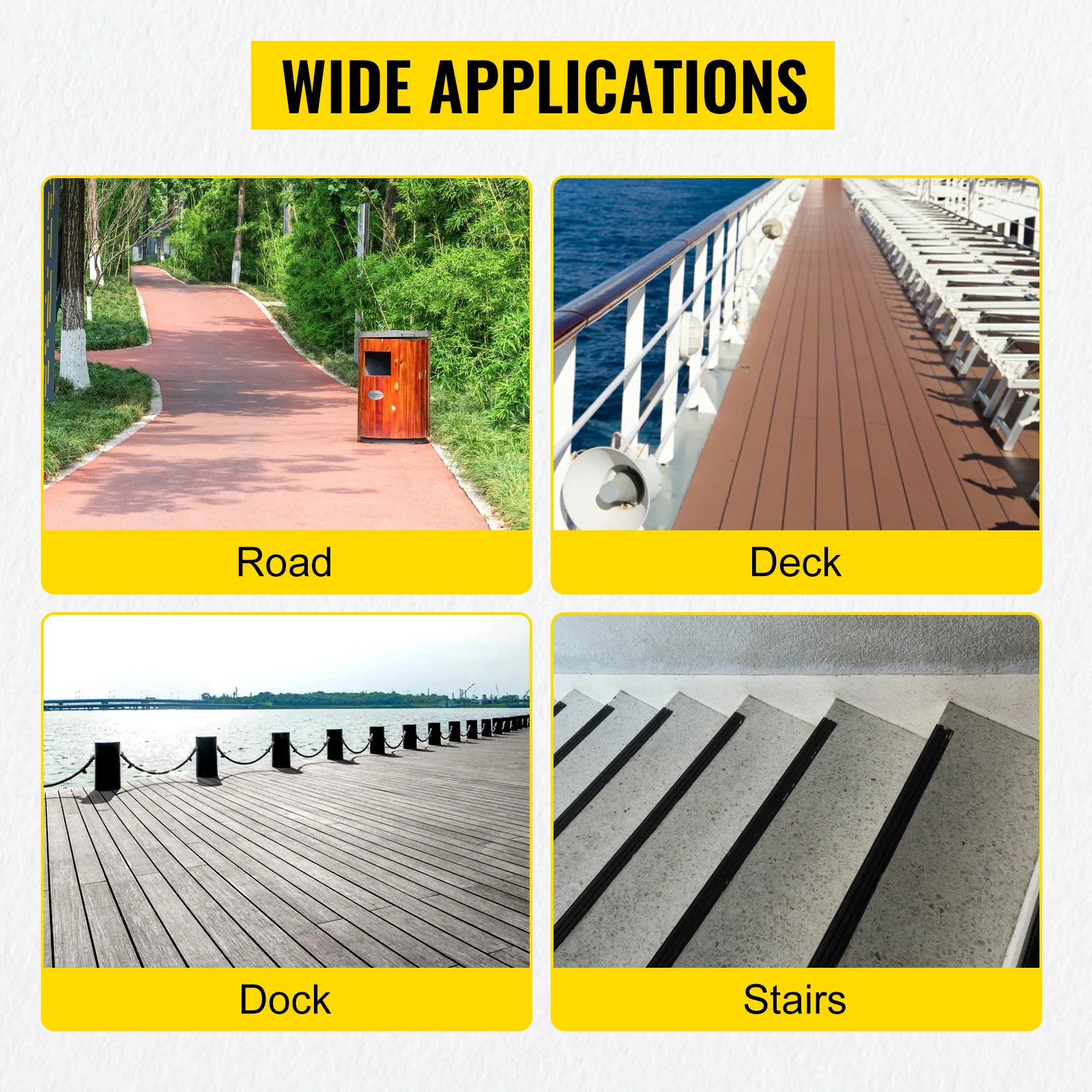 wide applications for VEVOR solar driveway lights: road, deck, dock, stairs.