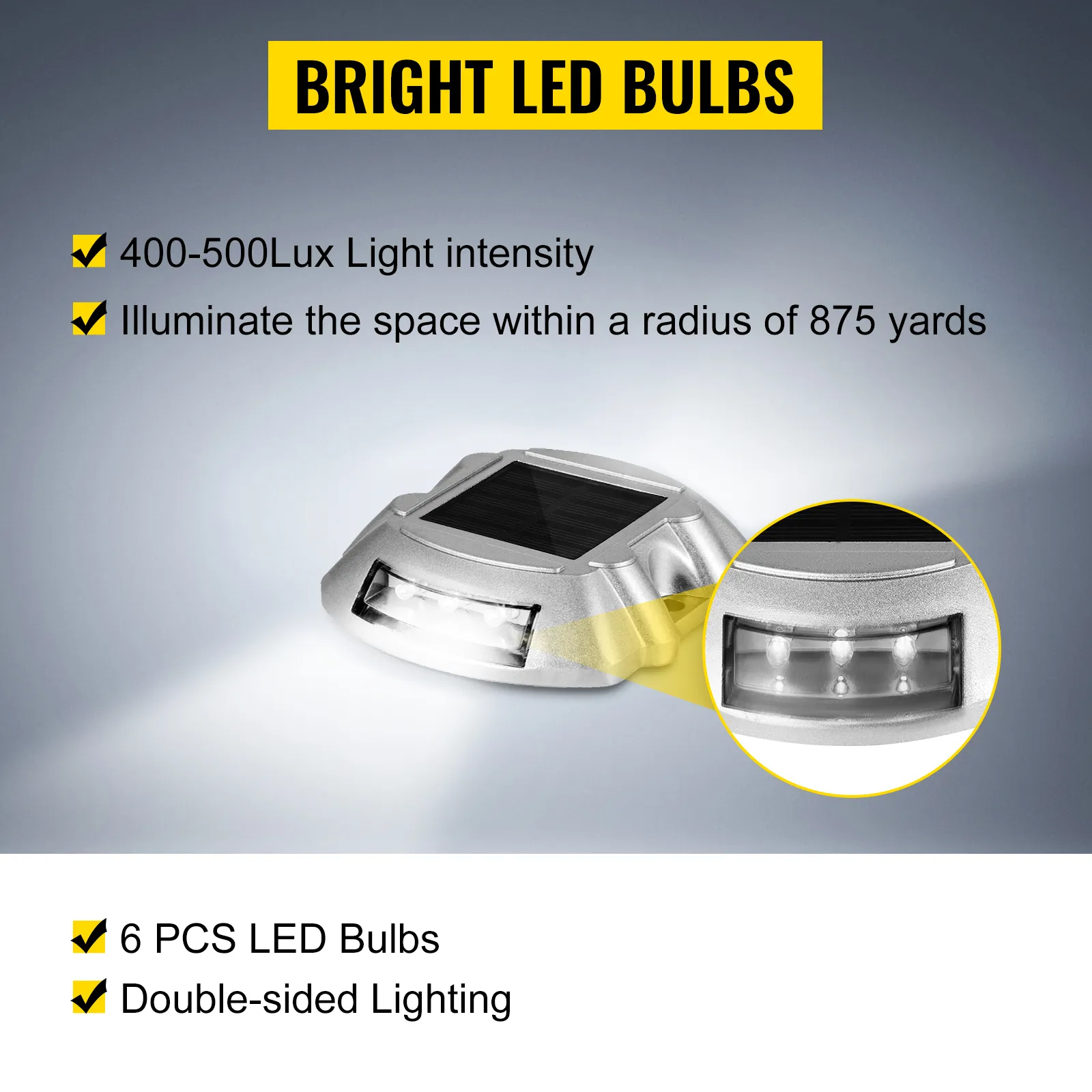 VEVOR solar driveway lights with 6 pcs led bulbs, 400-500lux intensity, and double-sided lighting.