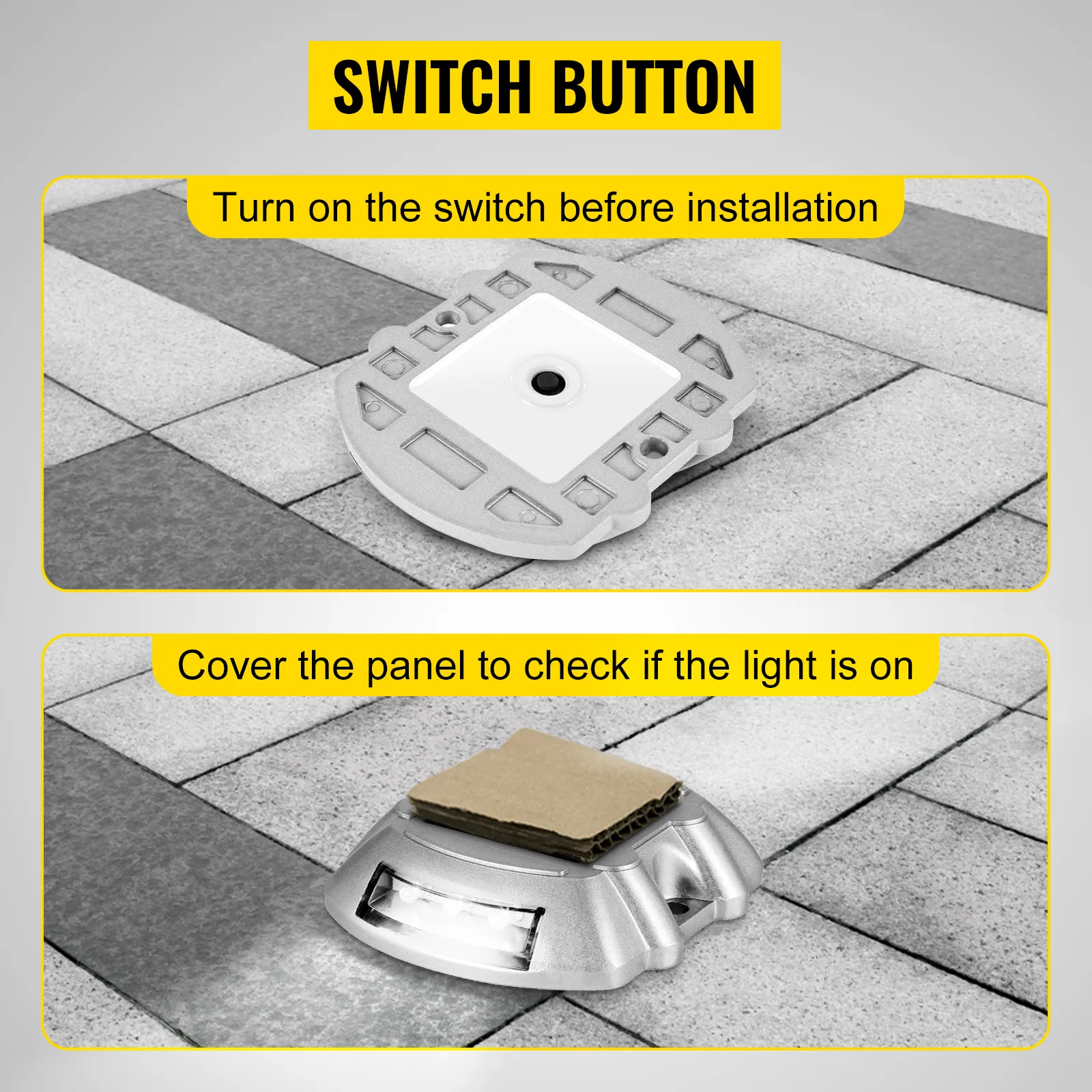 VEVOR solar driveway lights switch button instructions on a tiled surface.