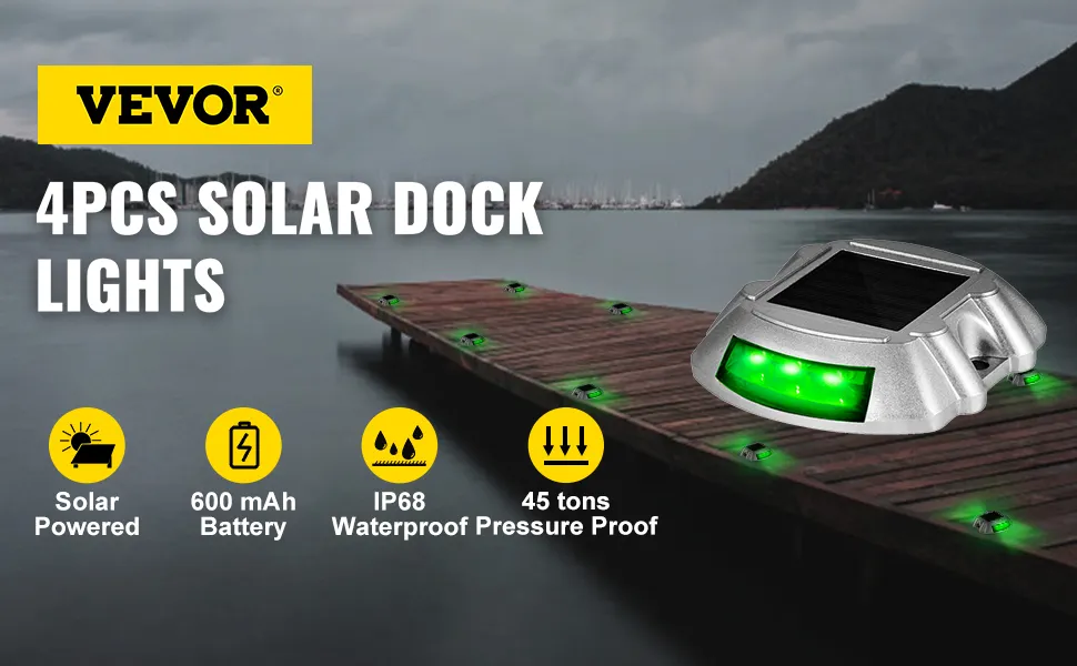 VEVOR solar driveway lights on dock, showcasing green leds, battery, waterproof icons.