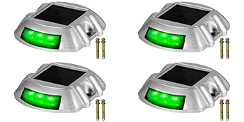 four VEVOR solar driveway lights with green leds and mounting screws.