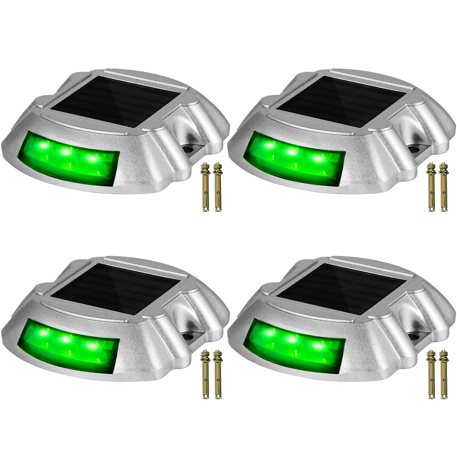 VEVOR solar driveway lights, green led, stainless steel, set of four with mounting bolts.