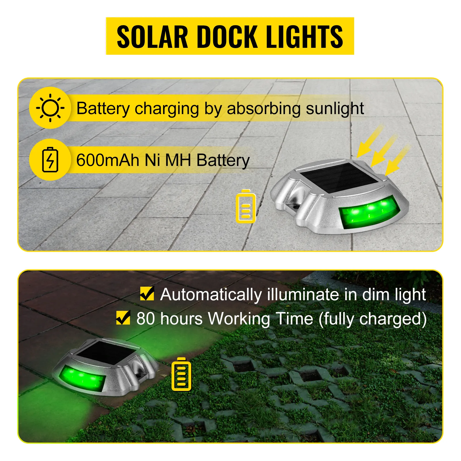 VEVOR solar driveway lights with 600mah battery, 80 hrs working time.