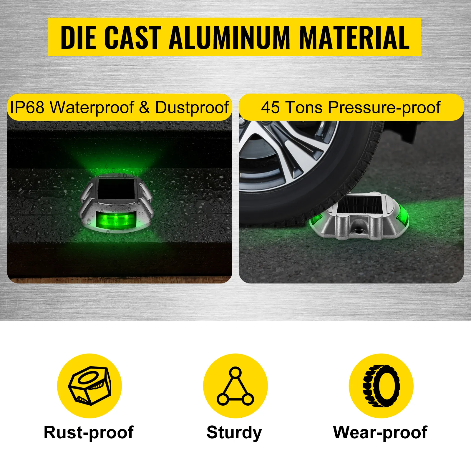 VEVOR solar driveway lights: waterproof, dustproof, pressure-proof, rust-proof, sturdy, wear-proof.