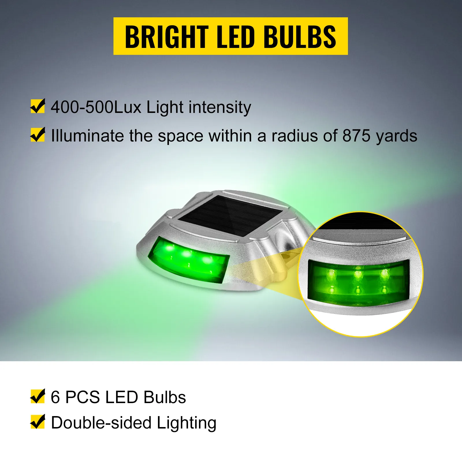 VEVOR solar driveway lights with bright led bulbs, 6 pcs, double-sided lighting, green.