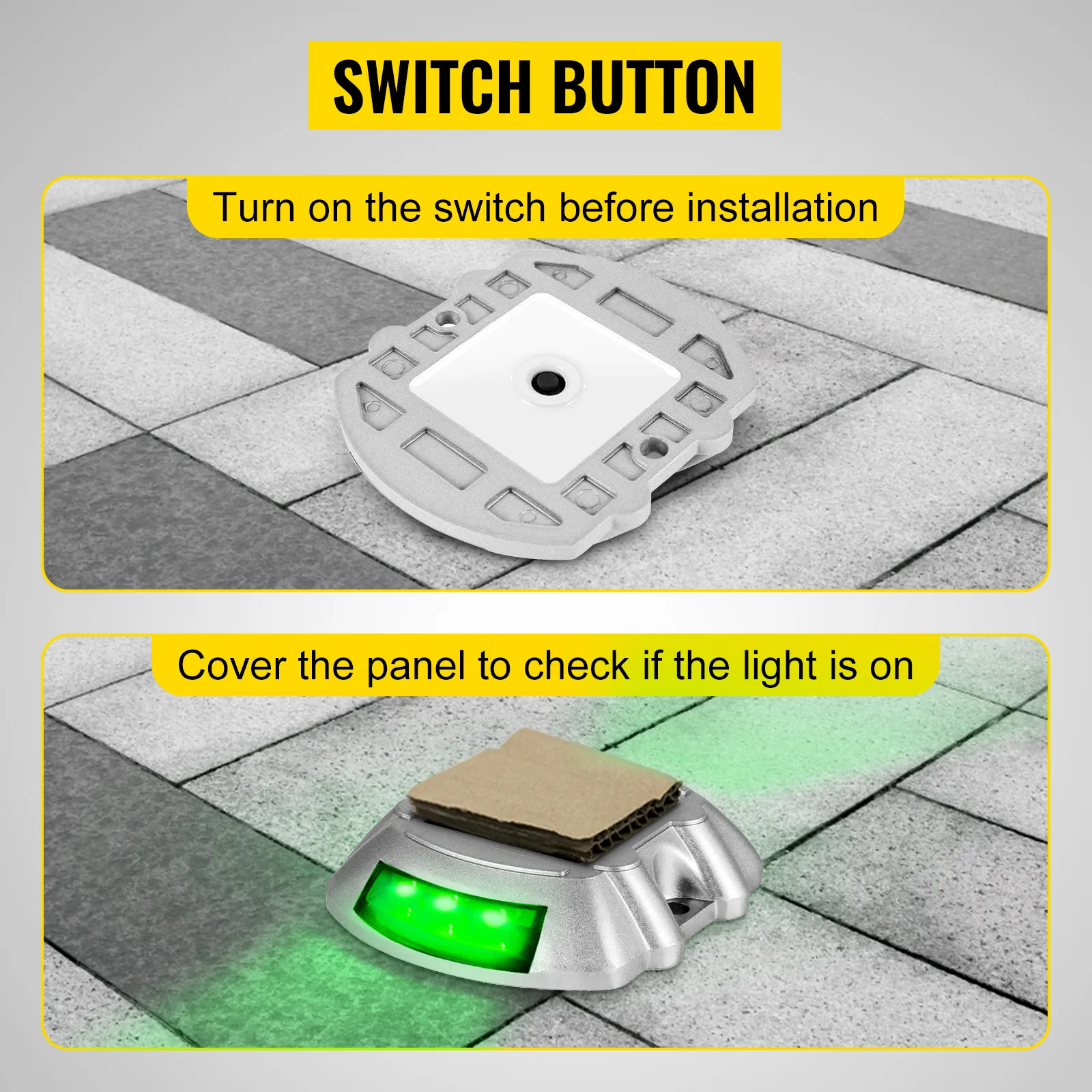 VEVOR solar driveway lights switch instructions with activation and testing.