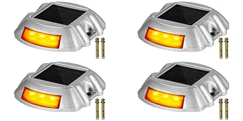 Cuatro luces de entrada solares VEVOR con luces LED ámbar y carcasa plateada.