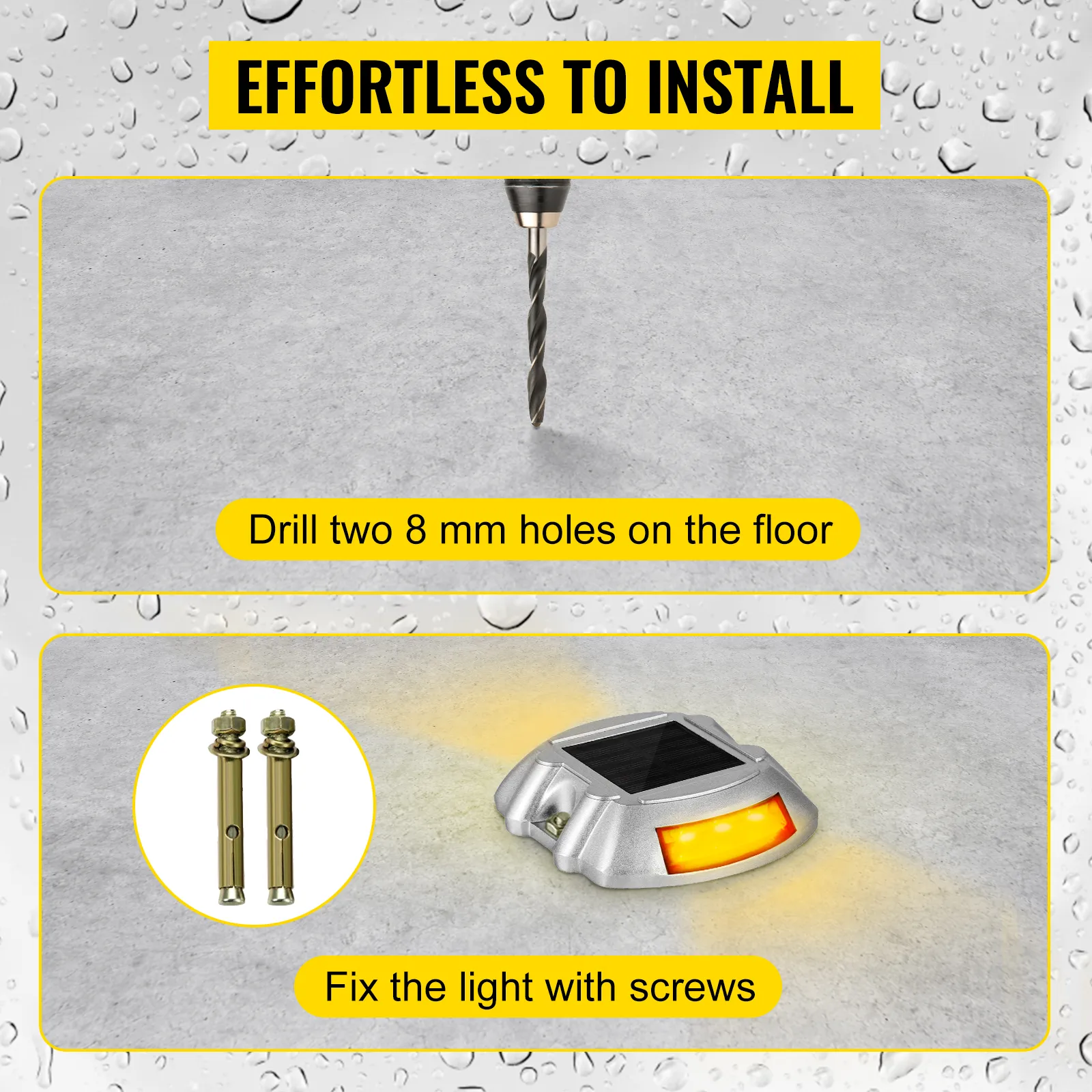 Guía de instalación de luces de entrada solares VEVOR, con orificios para taladros y tornillos de fijación.