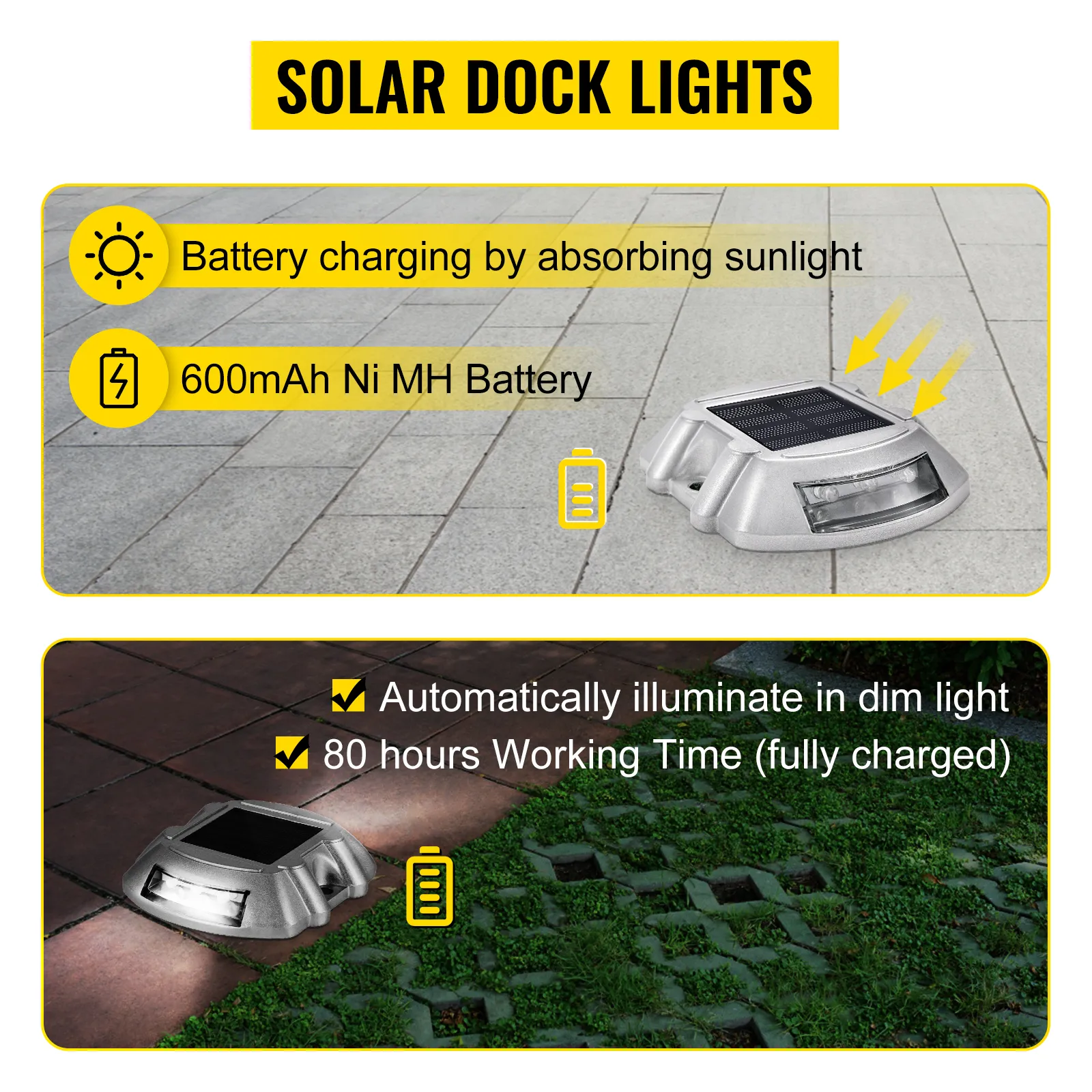 VEVOR solar driveway lights with 600mah ni mh battery and 80 hours working time.