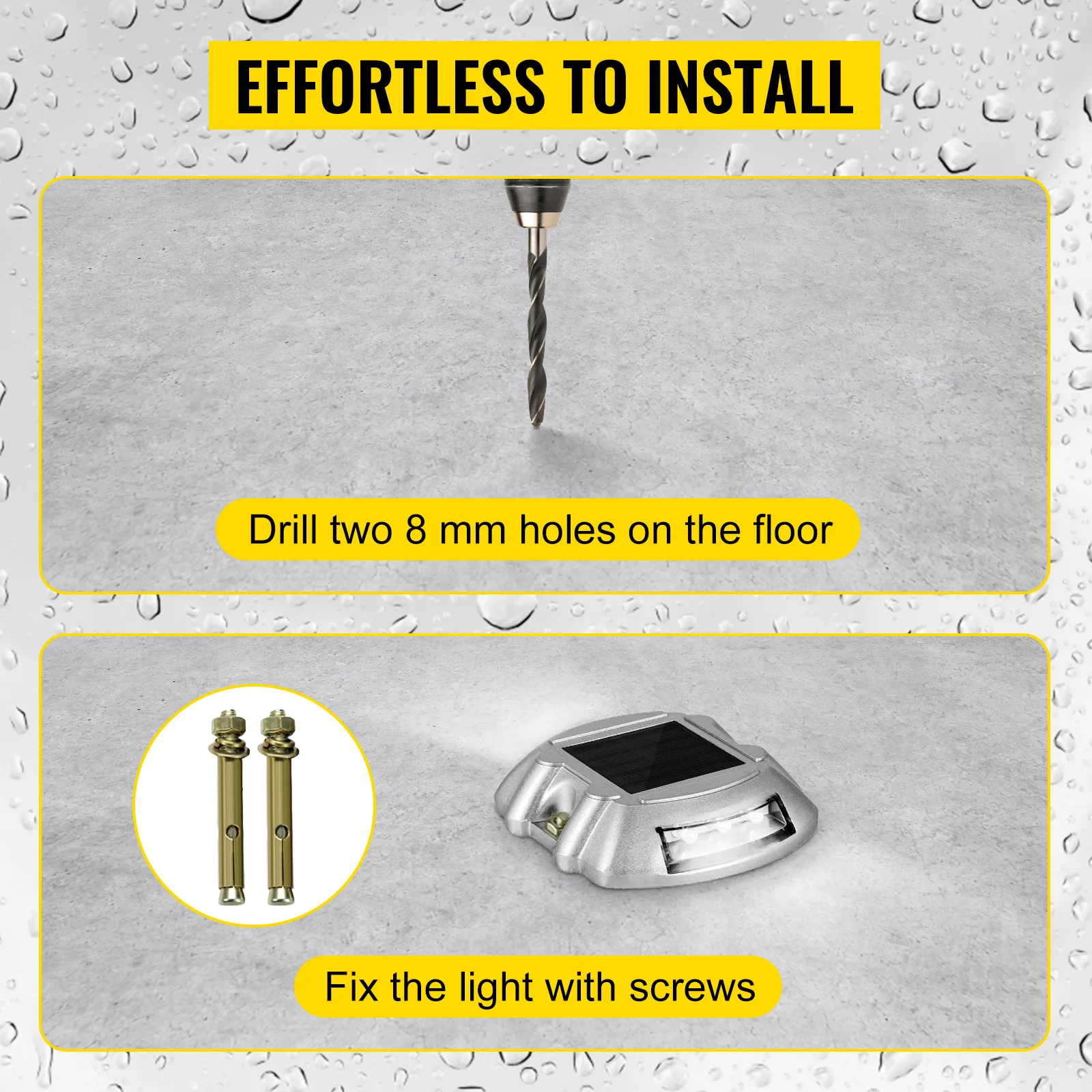 effortless installation of VEVOR solar driveway lights, drill holes, and secure with screws.