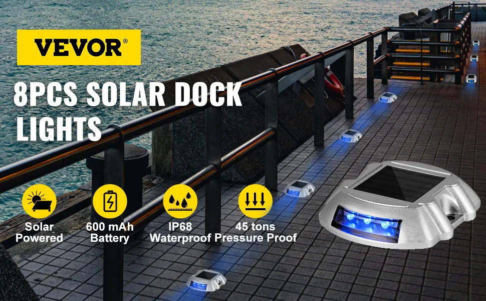 Lampy solarne VEVOR oświetlają dok za pomocą niebieskich diod LED, 8 sztuk, są wodoodporne i zasilane energią słoneczną.