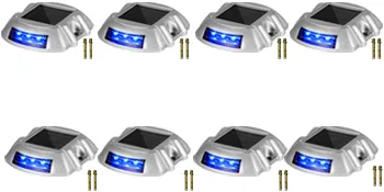 osiem lamp solarnych VEVOR do oświetlenia podjazdu z niebieskimi diodami LED i śrubami montażowymi, rozmieszczonych w dwóch rzędach.