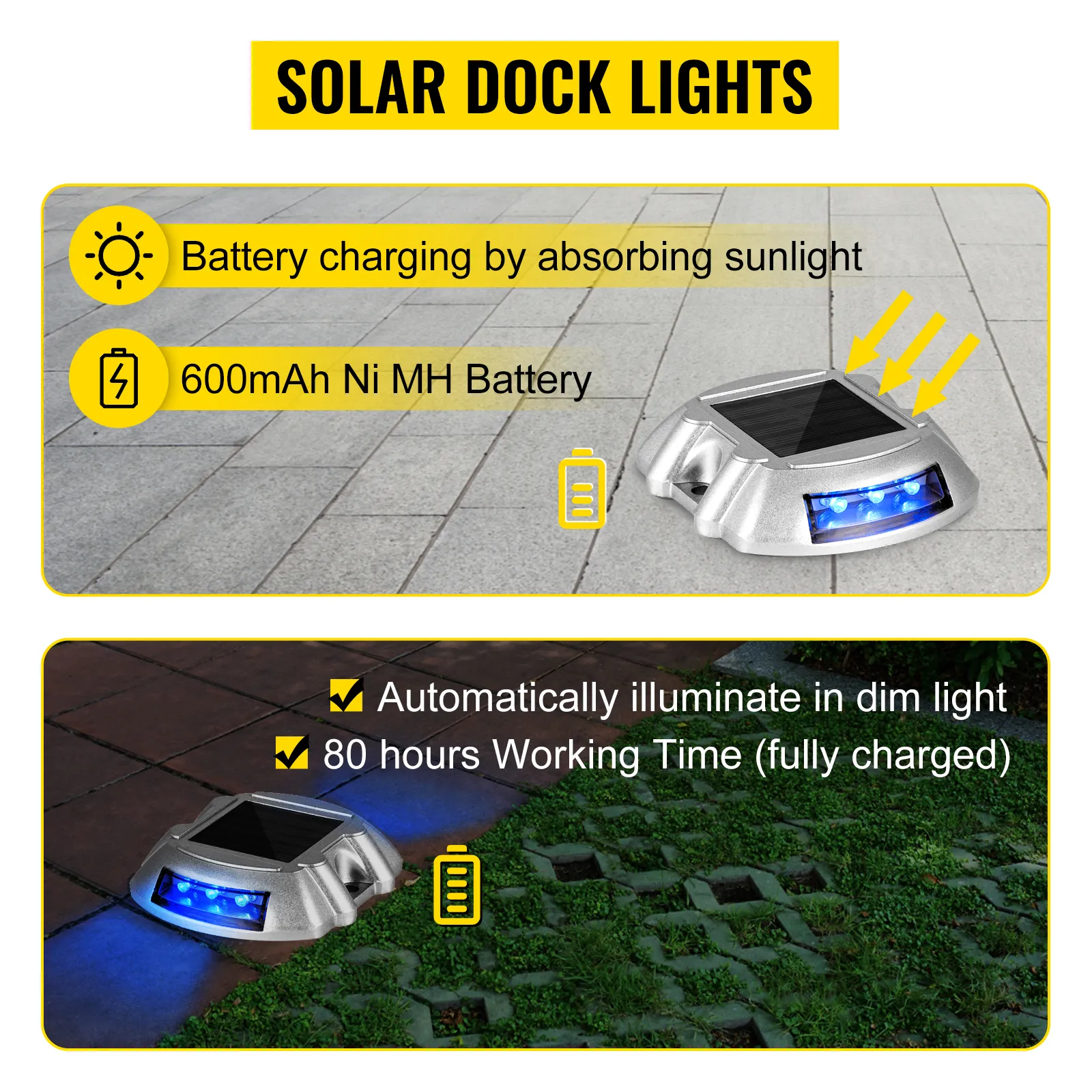 Lampy solarne do podjazdu VEVOR z baterią 600 mAh, automatyczne oświetlenie przy słabym świetle.