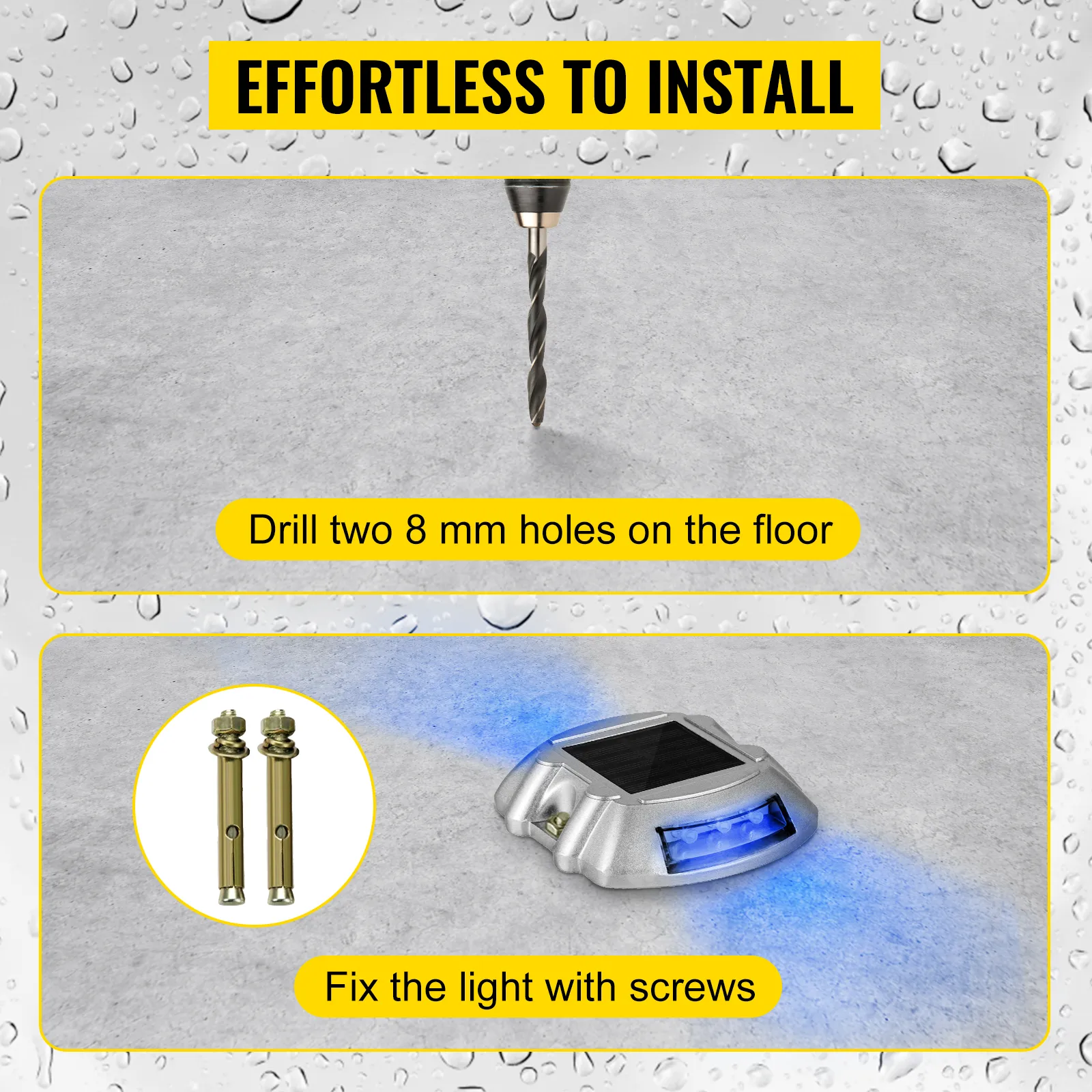 Aby zainstalować lampy solarne VEVOR na podjeździe, wywierć otwory o średnicy 8 mm i przymocuj je śrubami.