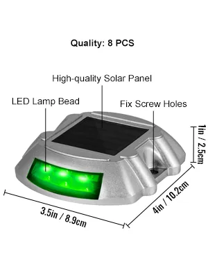VEVOR solar driveway lights with led lamp, solar panel, and mounting holes. dimensions shown.