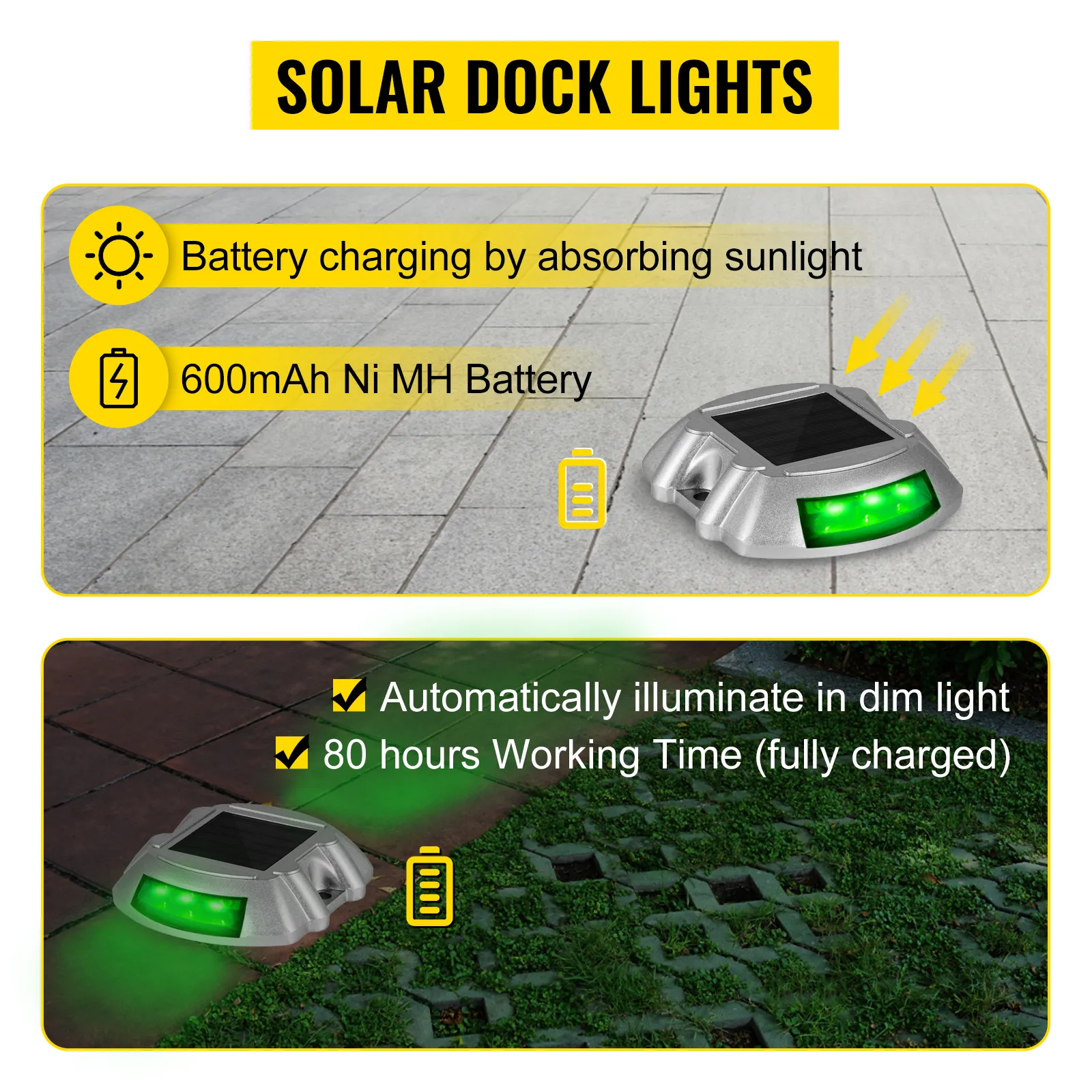 VEVOR solar driveway lights charging by sunlight with 600mah battery, 80-hour runtime.