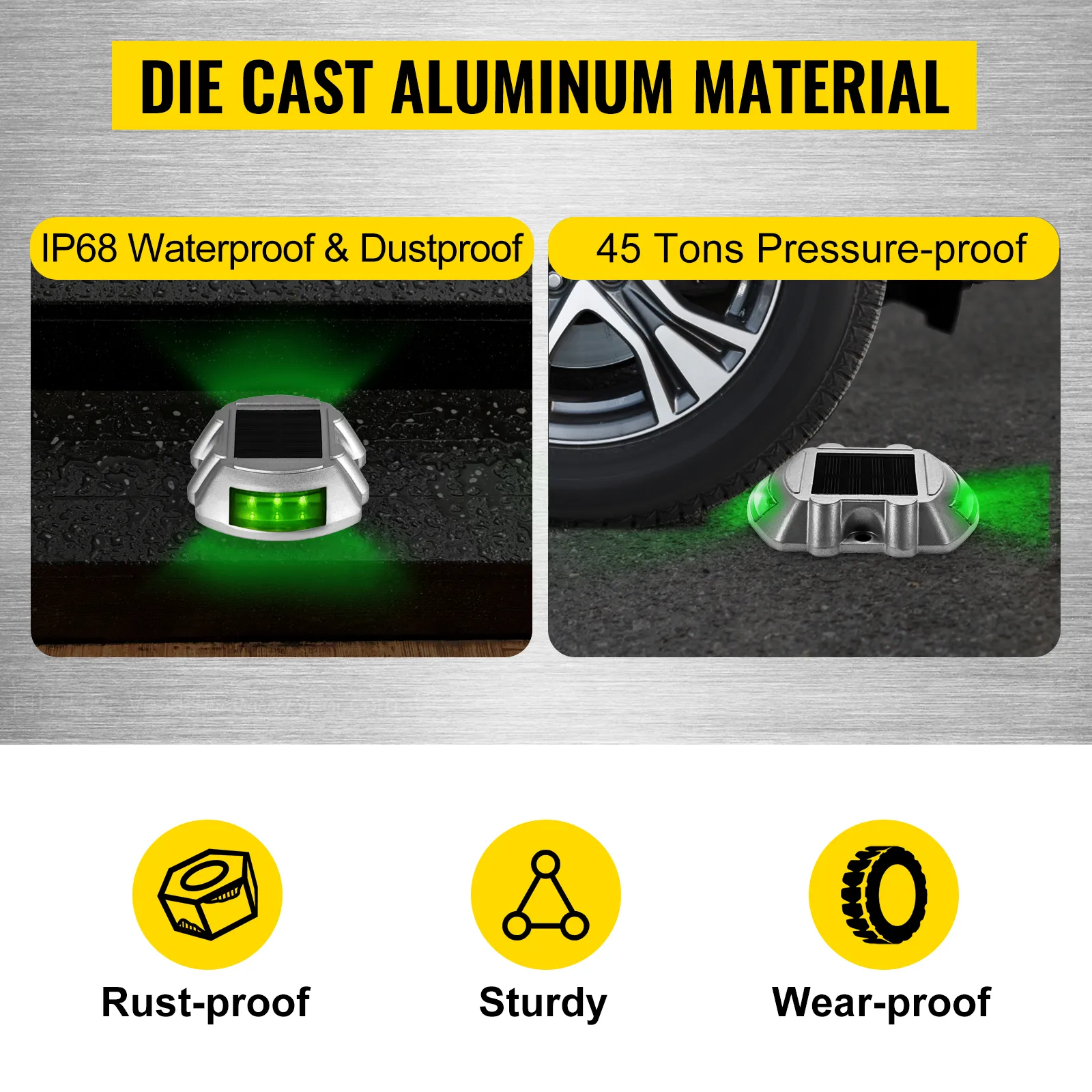 VEVOR solar driveway lights, ip68 waterproof, die-cast aluminum, 45 tons pressure-proof.