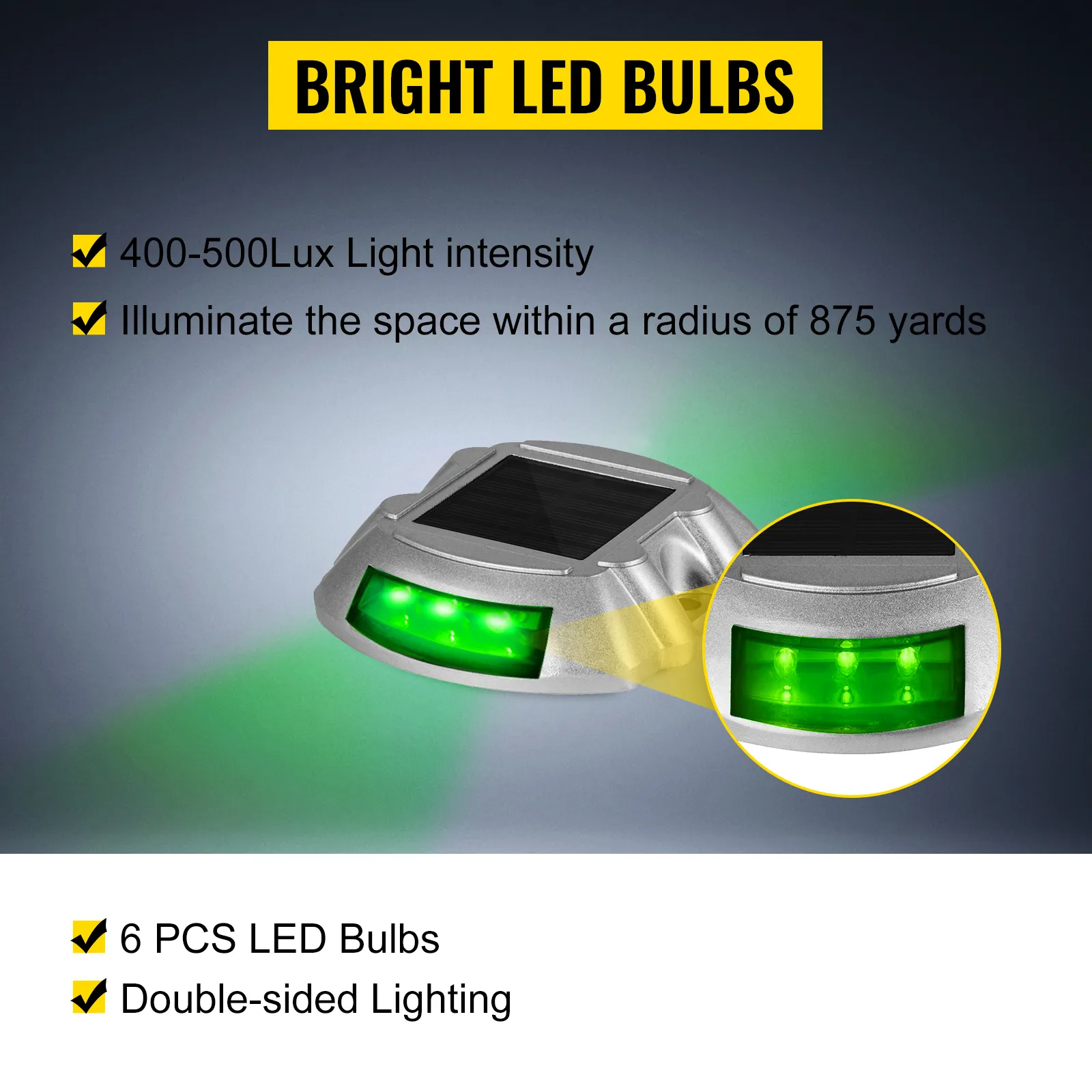 VEVOR solar driveway lights with bright green led bulbs, 400-500 lux intensity, double-sided lighting.