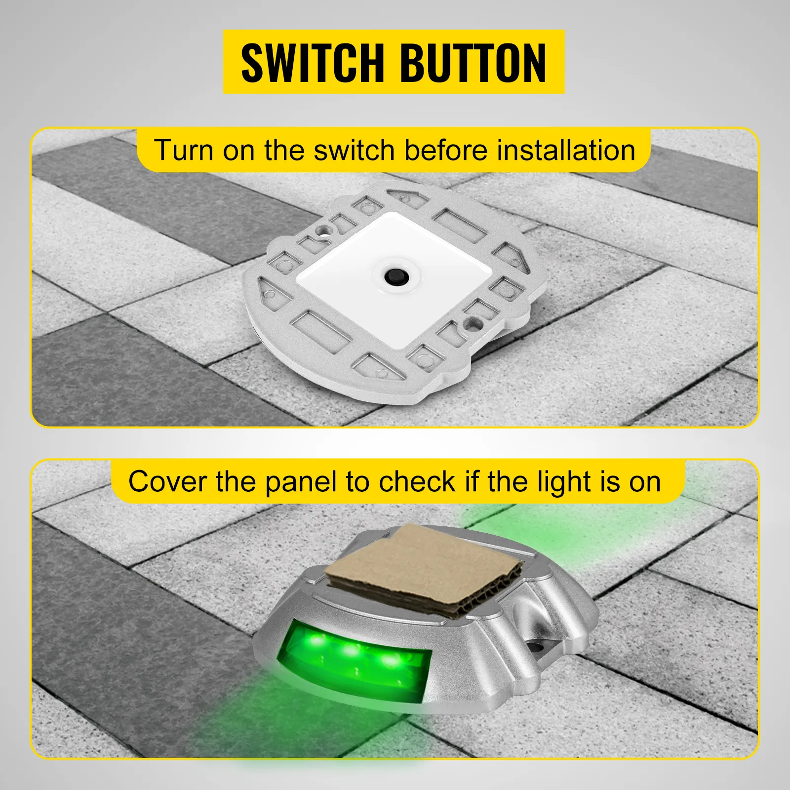 VEVOR solar driveway lights switch button; turn on before installation; check light with panel.
