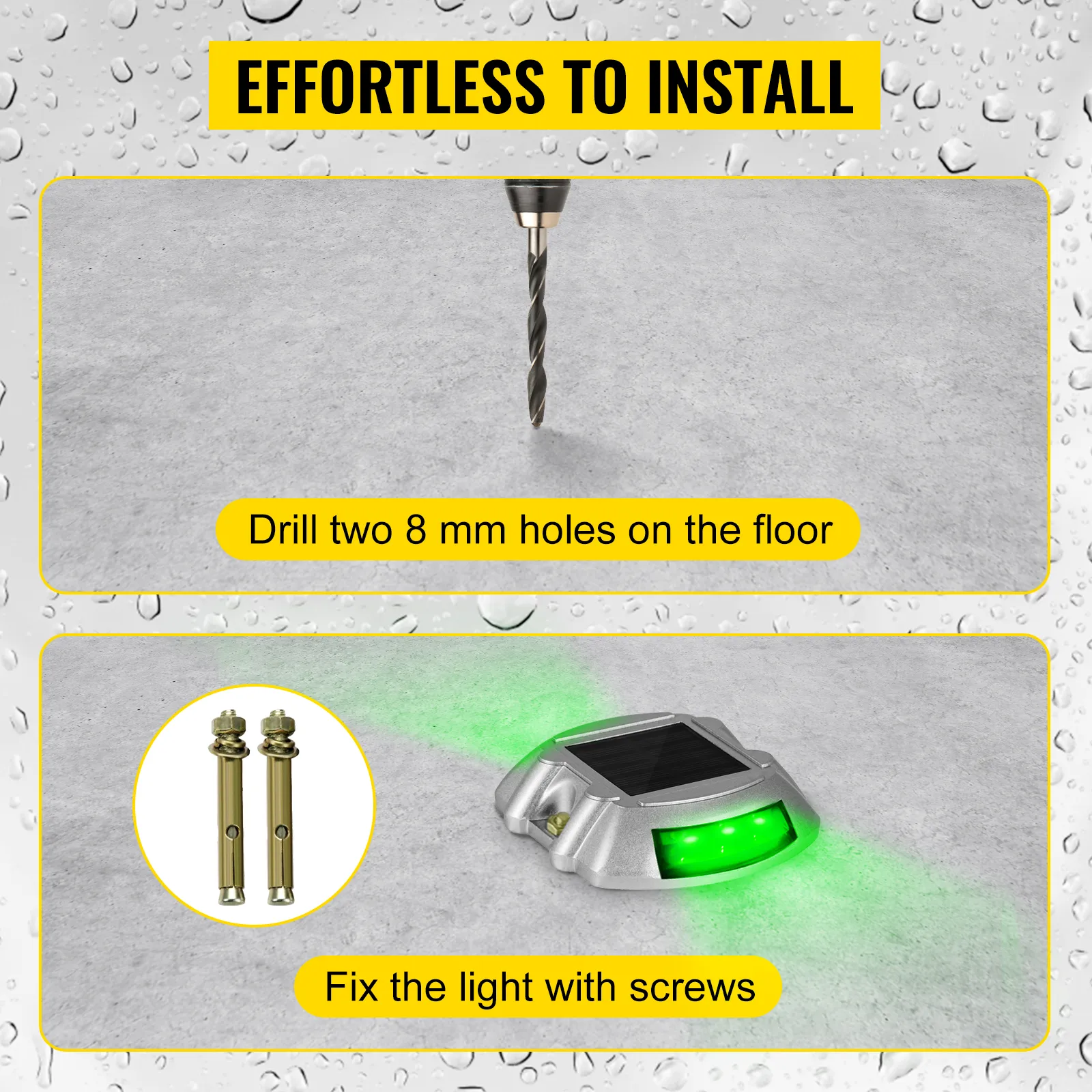 installing VEVOR solar driveway lights: drill holes, fix with screws. rainproof design.