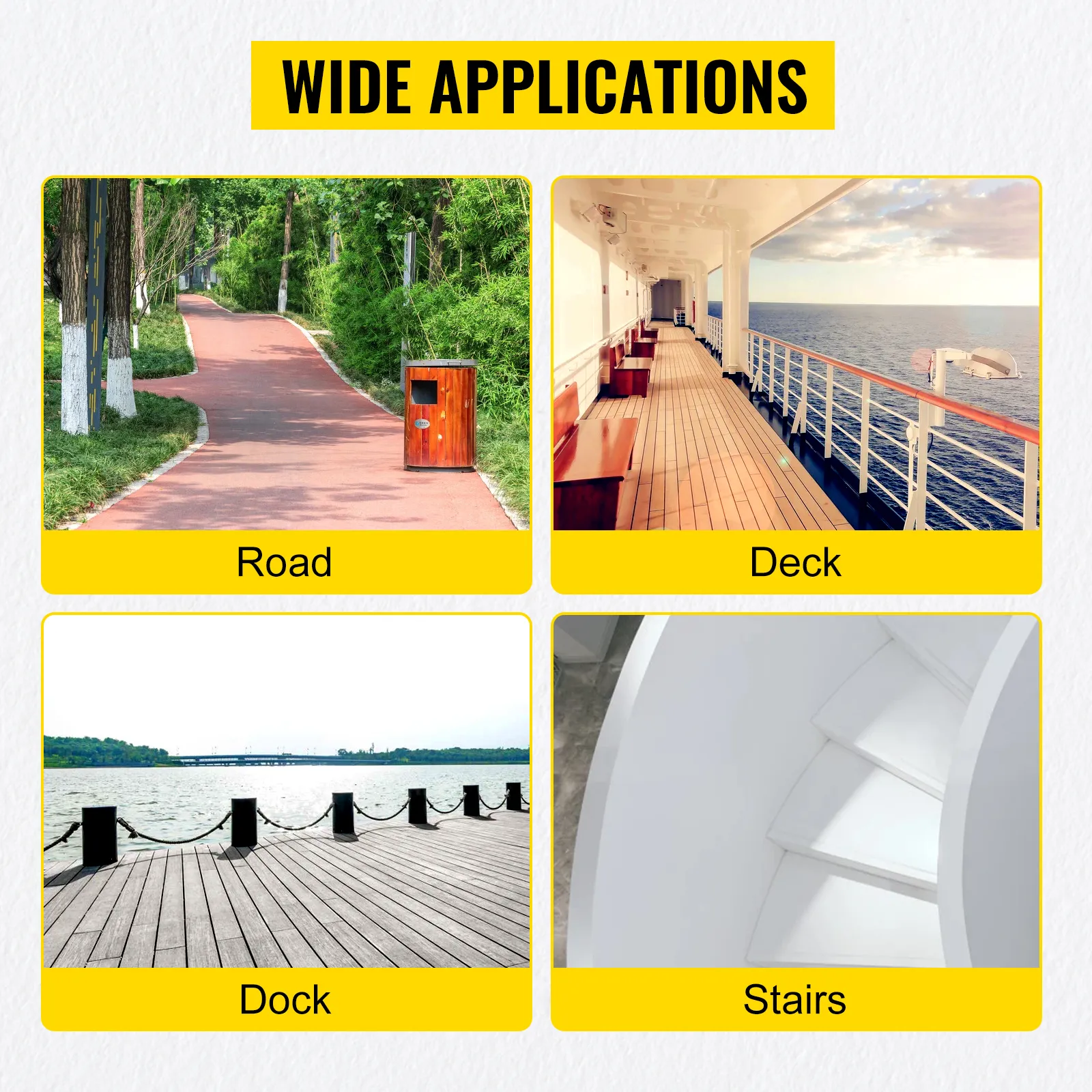 wide applications of VEVOR solar driveway lights for road, deck, dock, and stairs.