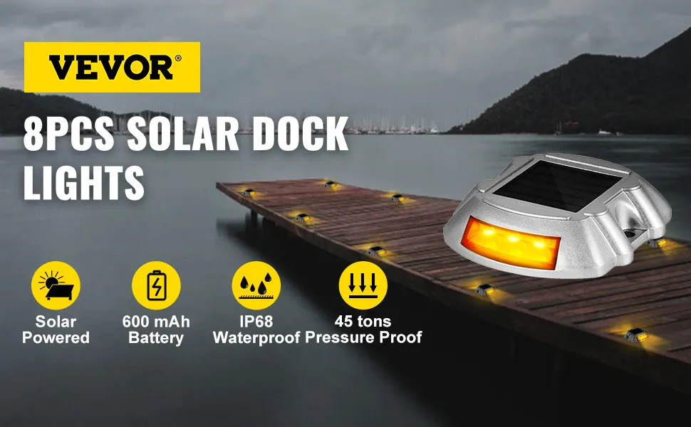 Luces de muelle solares VEVOR vibrantes que iluminan un muelle de madera sobre el agua.