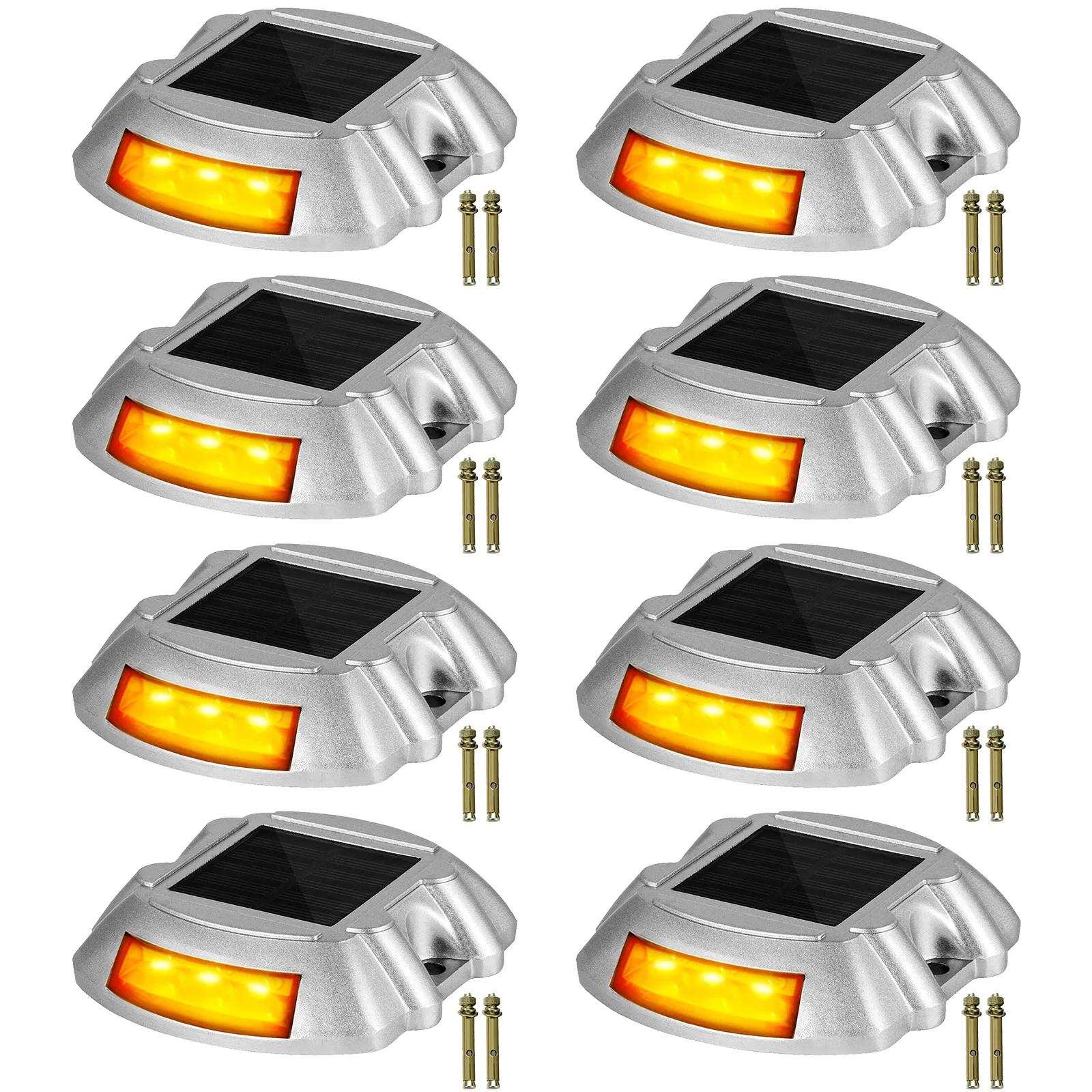 Ocho luces de entrada solares VEVOR con LED ámbar y hardware de montaje.