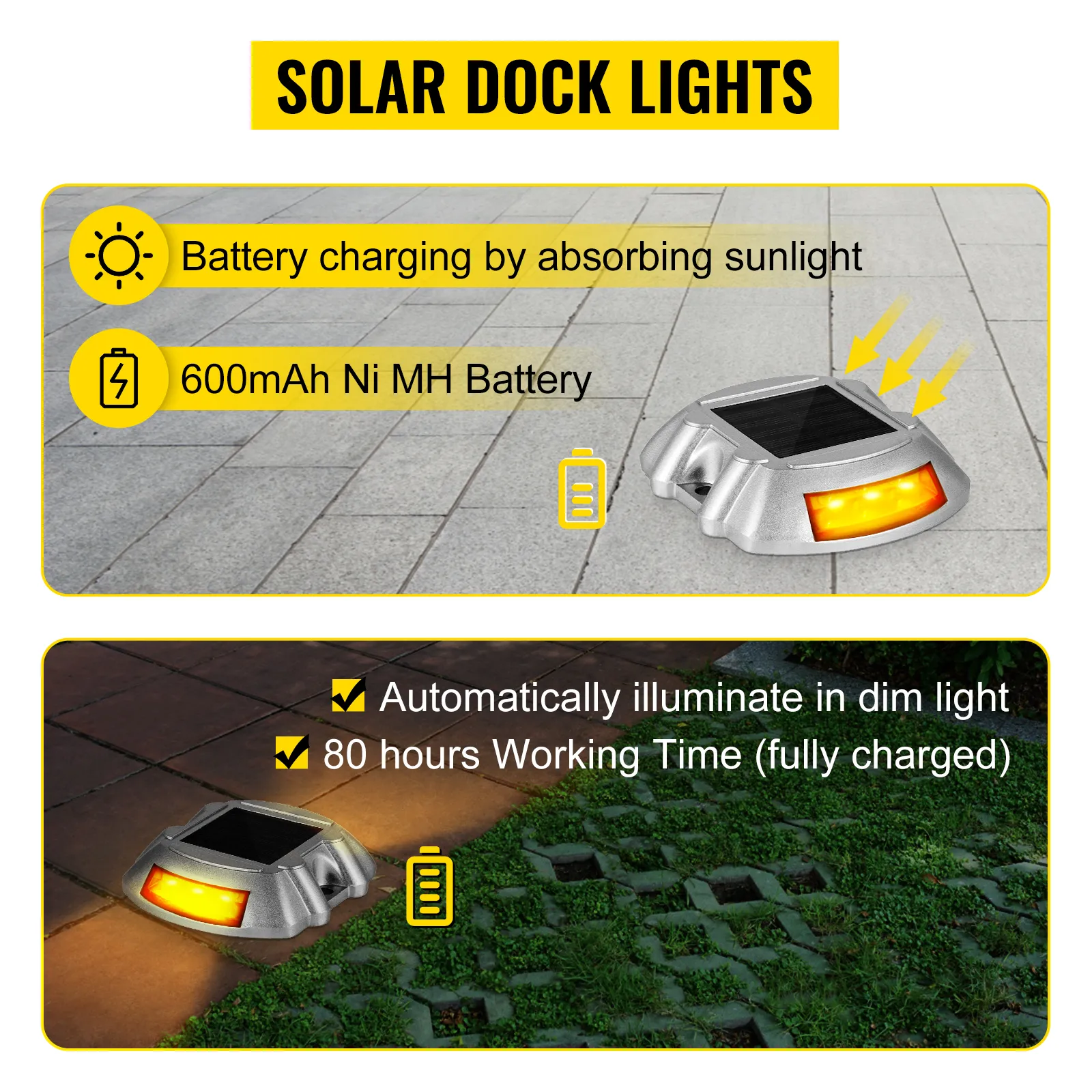 Luces de entrada solares VEVOR con batería de 600 mAh, 80 horas de tiempo de funcionamiento.