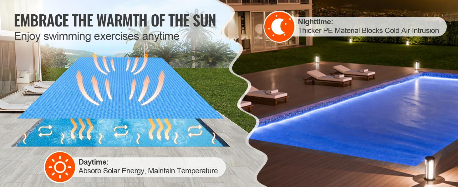 VEVOR solar pool cover heating pool during day, blocking cold air at night, promoting temperature maintenance.