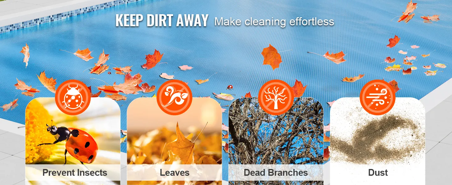 VEVOR solar pool cover keeping insects, leaves, dead branches, and dust away for effortless cleaning.